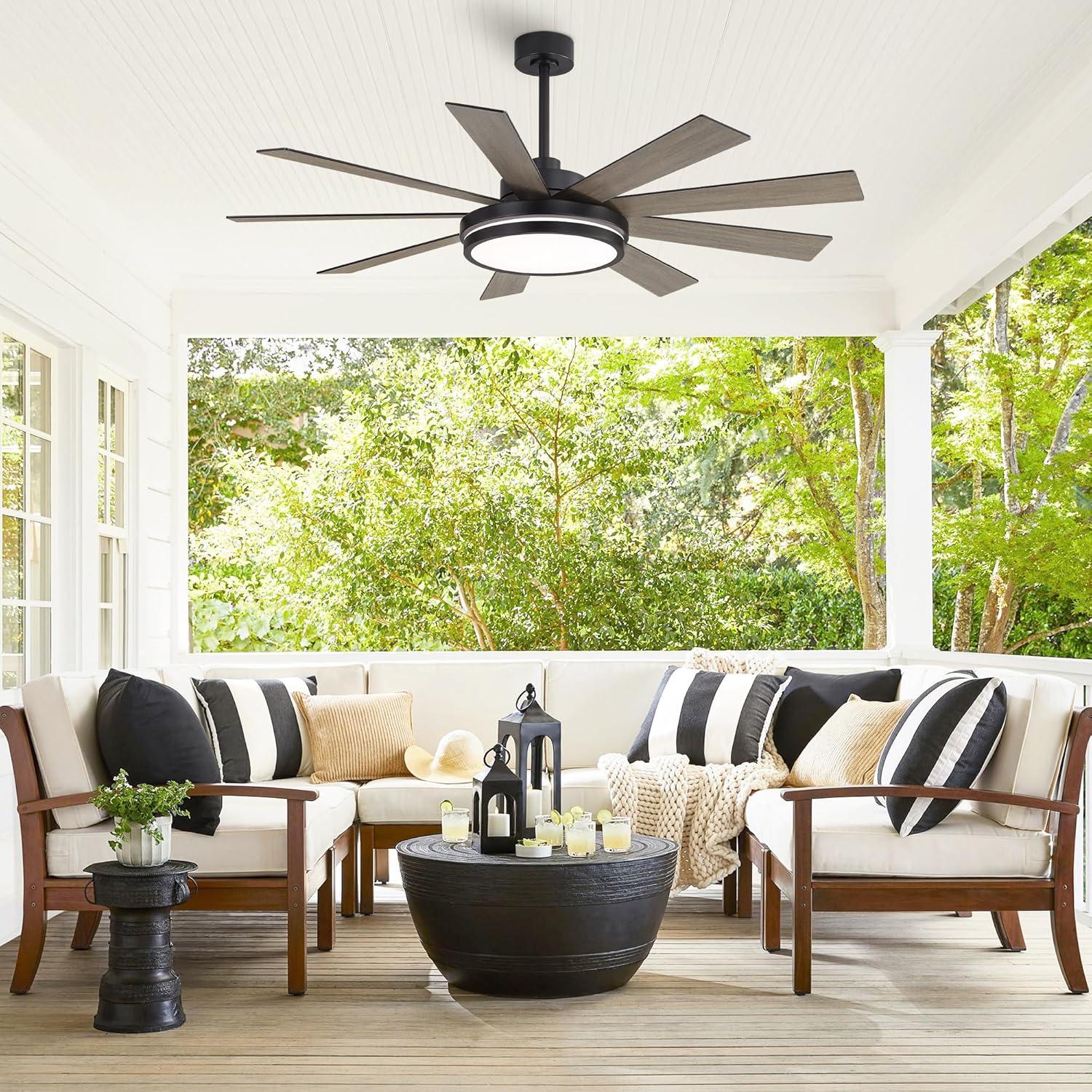 WINGBO 60' Ceiling Fan with Light - Large LED Dimmable Light, 6-Speed Remote Control, Reversible DC Motor, Modern Ceiling Fan 9 Blades for Bedroom, Living Room, Indoor Outdoor Black and Driftwood