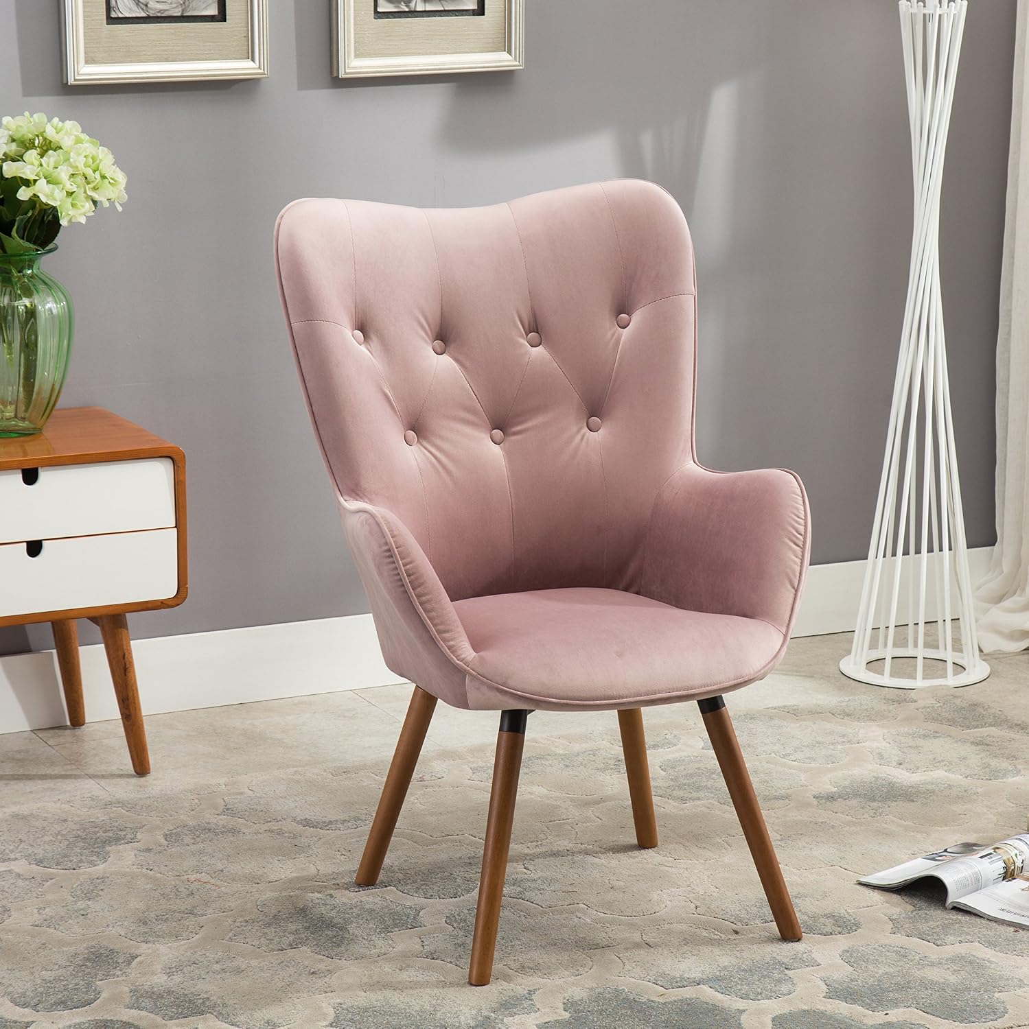 Roundhill Furniture Doarnin Contemporary Silky Velvet Tufted Button Back Accent Chair, Mauve