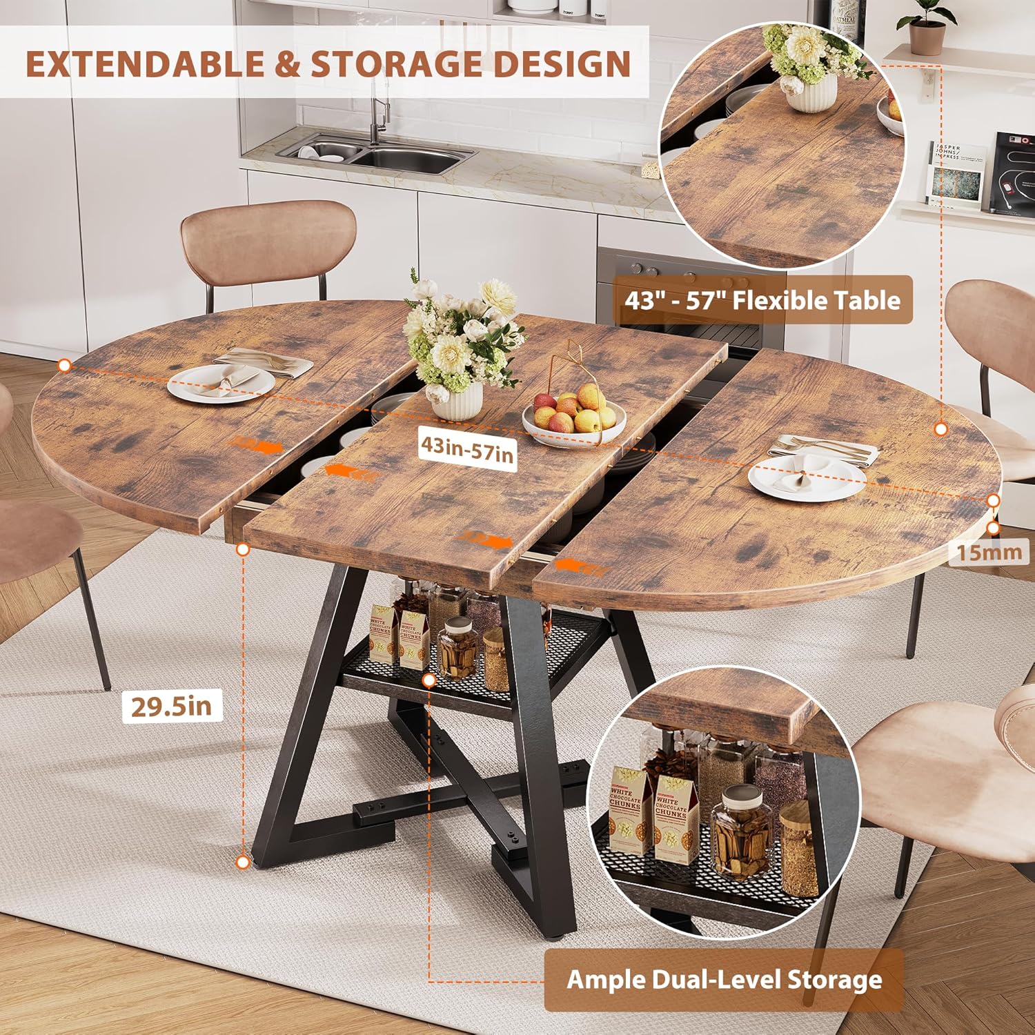 43''-57'' Extendable Round Dining Table for 4-6, Modern Industrial Kitchen Oval Dining Table with Removable Leaves, Space Saving Pedestal Base with Storage Shelf for Kitchen Living Room (Vintage)