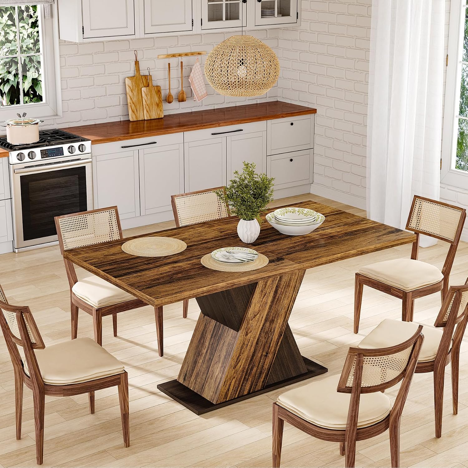 LITTLE TREE 55-Inch Dining Table for 6, Wooden Rectangle Kitchen Table, Large Dining Room Tables, Industrial Dinner Table with Heavy Duty Pedestal, Rustic Brown