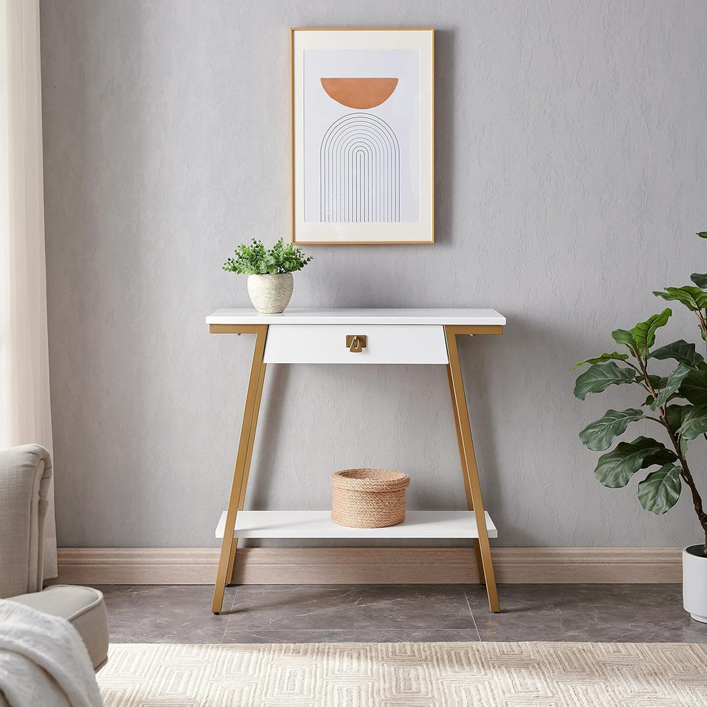 Leick Home 214346 Empiria Wood Console Table with Drawer and Metal Frame for Living Room Entryway Bedroom, White