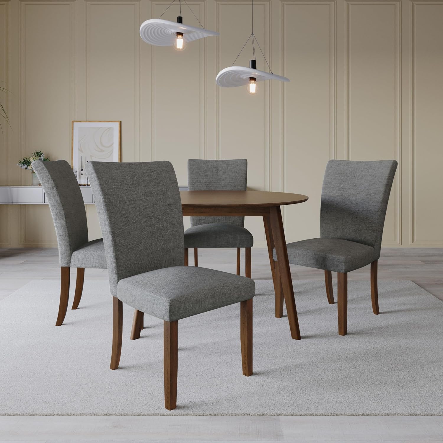 HOME DESIGN Lubec 5-Piece Modern Dining Set – Round Wooden Table & 4 Upholstered Linen Chairs, Curved Backrests, Compact Dining Room Furniture for Kitchen, Apartment, Brown/Gray