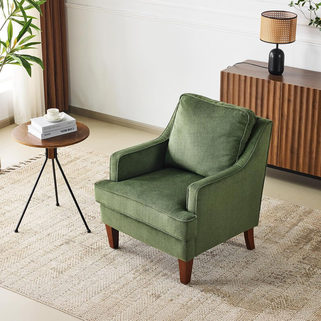 VINGLI Mid-Century Modern Accent Chair, Green Upholstered Armchair Comfy Sofa Chair Reading Chair High Back for Living Room Bedroom Furniture Apartment