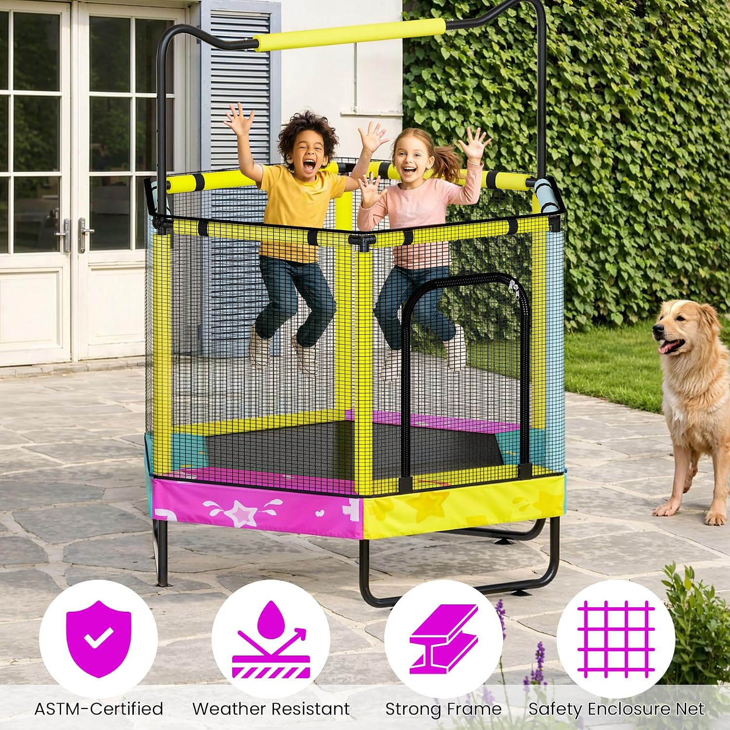 Lamerge Kids Trampoline, Toddler Bouncing Trampoline with Safety Enclosure Net, ASTM-Approved, 500lbs Capacity, Ages 1-8, Adjustable Handrail, 7-in-1, 60'
