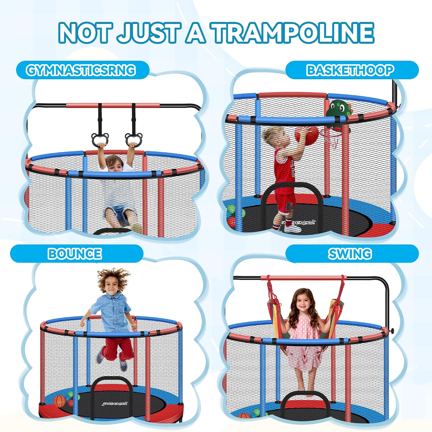 Mini Trampoline for Kids & Toddlers, Ages2-10 | Indoor & Outdoor, with Safety Enclosure Net, Basketball Hoop & Ocean Balls, Birthday Gift for Boy,Girl