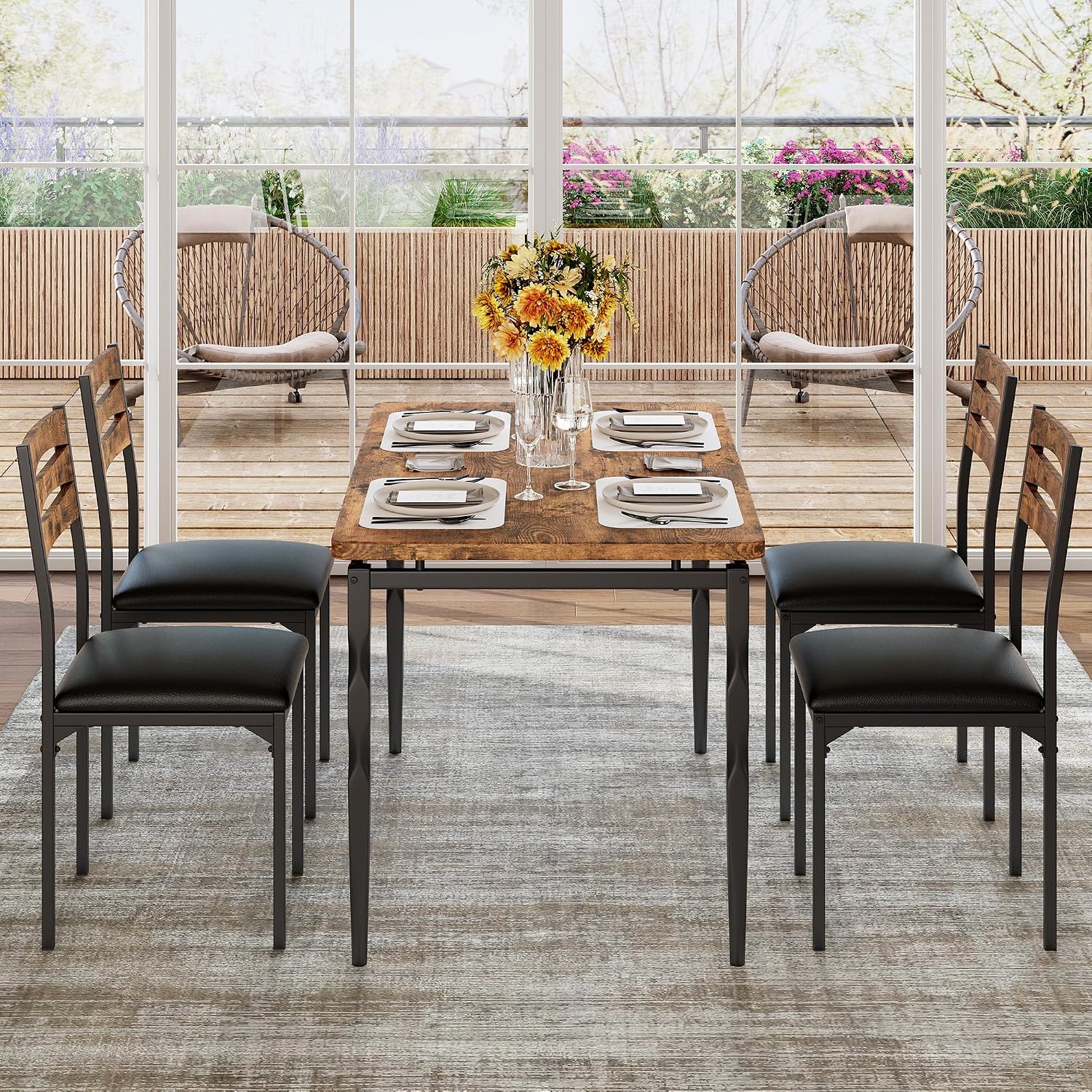 GarveeHome 5 Piece Dining Table Set, Industrial Style Dining Table and Chairs Set for 4, Kitchen Table Set for Dining Room Kitchen Apartment, Brown