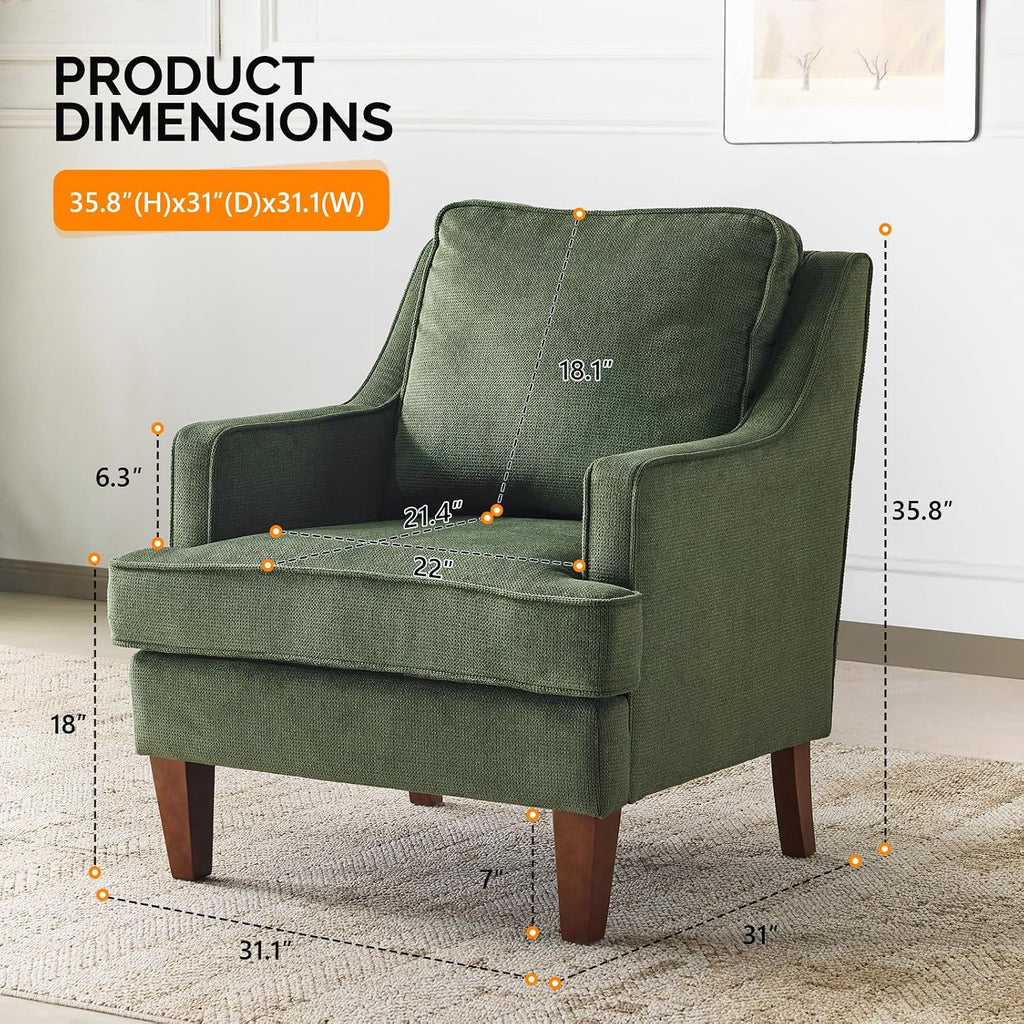 VINGLI Mid-Century Modern Accent Chair, Green Upholstered Armchair Comfy Sofa Chair Reading Chair High Back for Living Room Bedroom Furniture Apartment