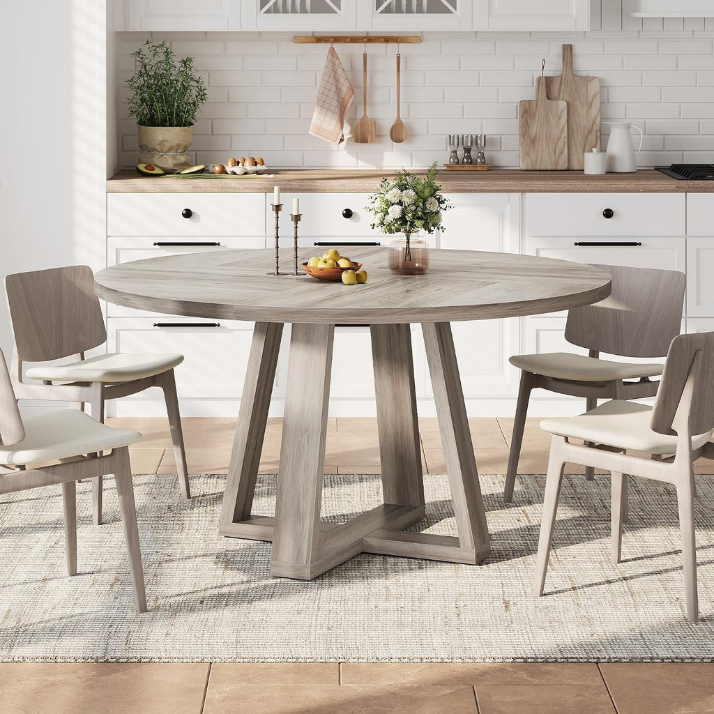 IDEALHOUSE 47 Inch Round Dining Table for 4-6 People, Circle Kitchen Table with Cross Base, Farmhouse Wood Dinner Table for Apartment, Grey