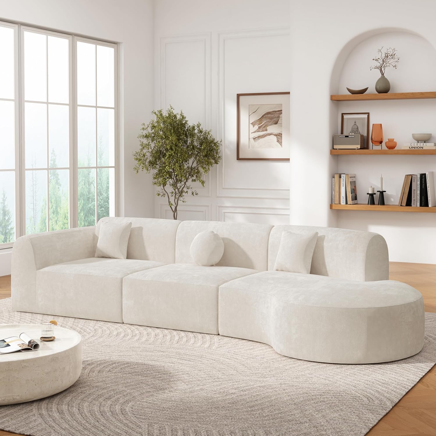 Christopher Knight Home Grelyn Modern Curved Modular Sectional Sofa, Wool Fabric Large Cloud Couch, 6-Seater L-Shaped Couch for Living Room, 3-Piece Lounge Sofa with Chaise, Fully Assembled, Beige