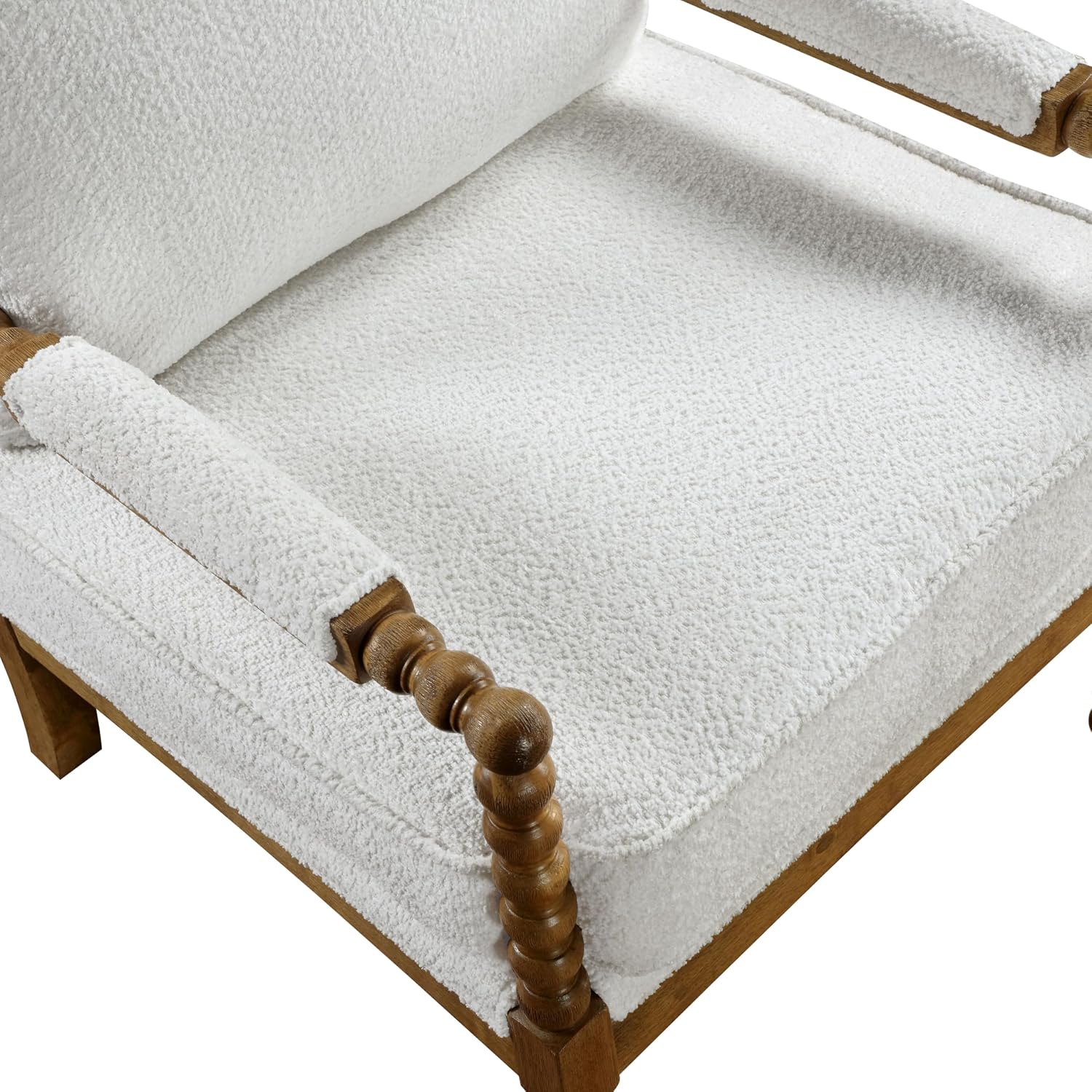 Furniture of America Dedee Mid Century Modern Boucle Fabric Accent Chair with Arms, Wide Spindle and Solidwood Legs for Living Room, Bedroom, Reading Corner, Home Office, Light Oak and White