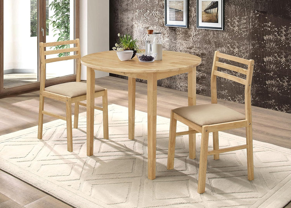 Coaster Home Furnishings 3-Piece Round Wood Dining Room Set Drop Leaf Extension Table Ladder Back Side Chairs Upholstered Seat Cushions Beige and Natural 130006