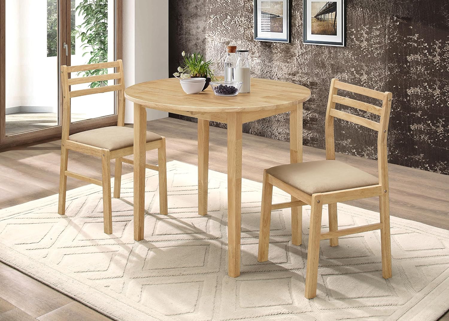 Coaster Home Furnishings 3-Piece Round Wood Dining Room Set Drop Leaf Extension Table Ladder Back Side Chairs Upholstered Seat Cushions Beige and Natural 130006