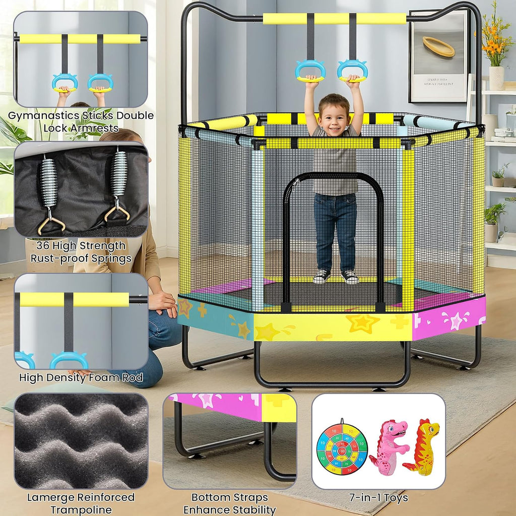 Lamerge Kids Trampoline, Toddler Bouncing Trampoline with Safety Enclosure Net, ASTM-Approved, 500lbs Capacity, Ages 1-8, Adjustable Handrail, 7-in-1, 60'