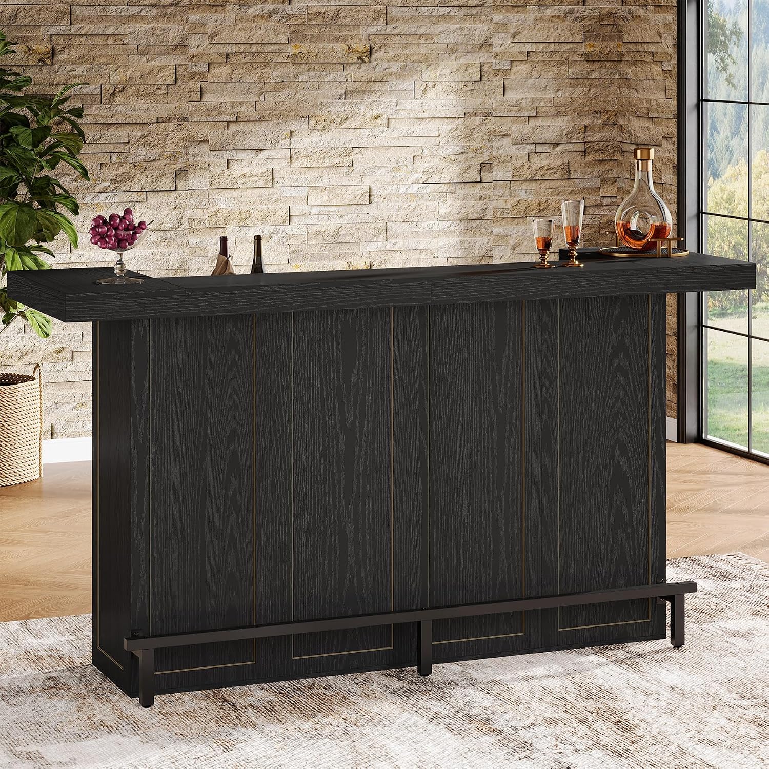 Tribesigns 4-Tier Bar Table, 70.9-Inch Large Wooden Home Bar Unit with Wine Glass Holder and Black Footrest, Pub Table with Storage Shelves for Dining Room, Living Room, Black