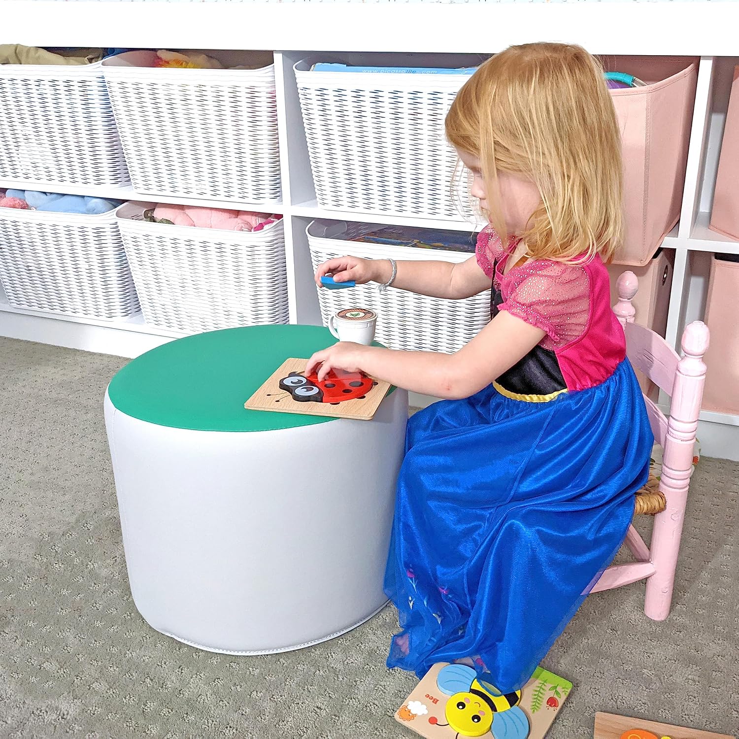 FDP SoftScape 15 inch Round Two-Tone Accent Ottoman for Ages 3-7 Modern Children's Furniture, Flexible, Lightweight Foam Seating for Home, Playroom, Classroom, Library (4-Piece) - Gray, 12763-GY