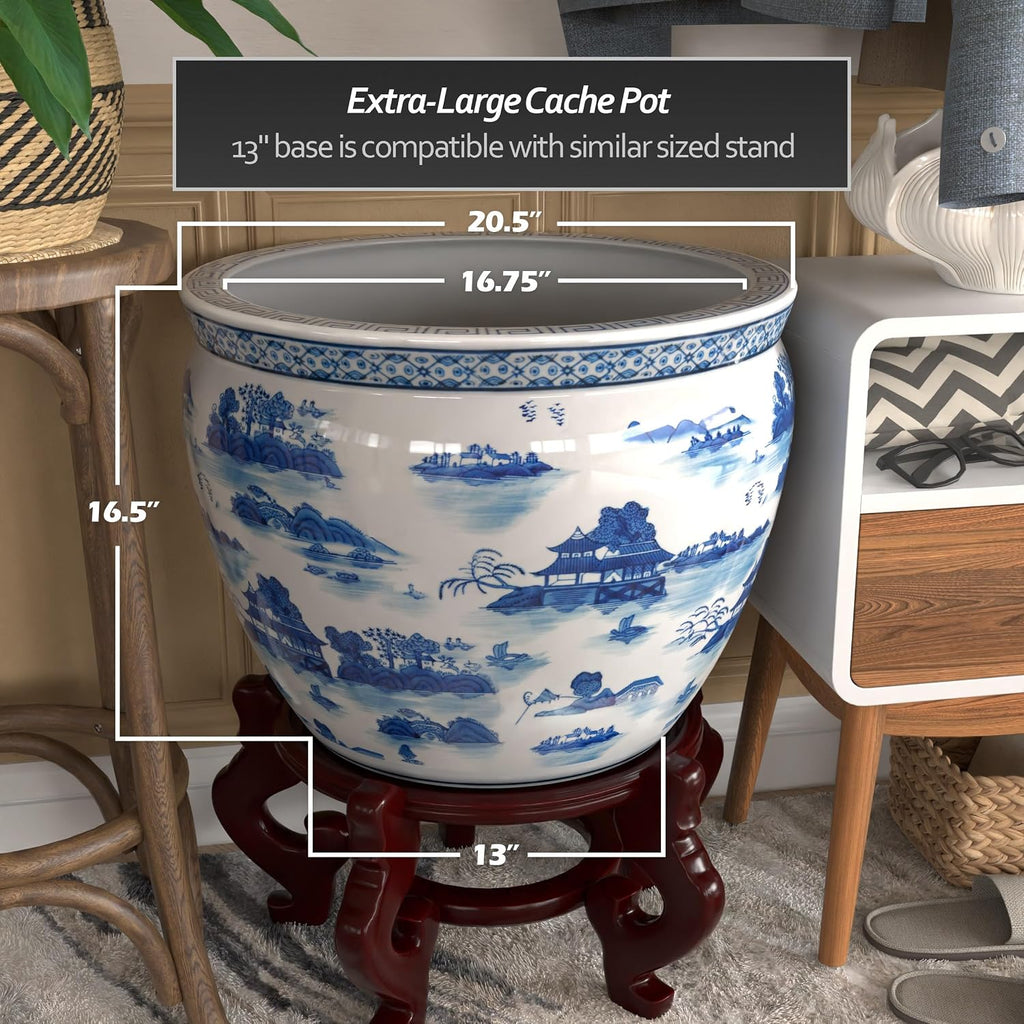 Red Lantern 20' Porcelain Fishbowl Blue & White Landscape Planter