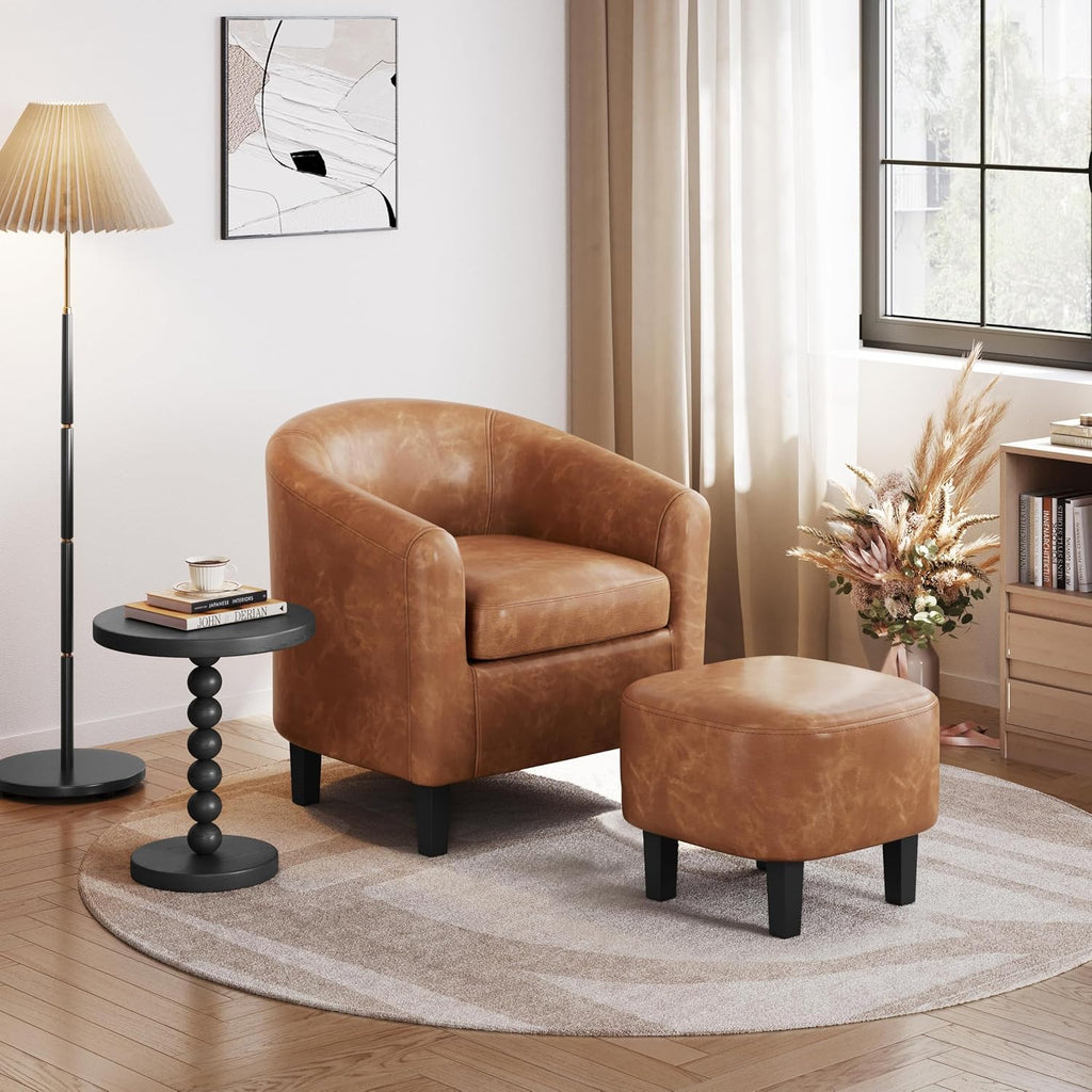 Yaheetech Barrel Chair with Ottoman Set, Faux Leather Accent Chair with Soft Padded and Sturdy Legs for Living Room/Bedroom/Study/Waiting Room, Brown