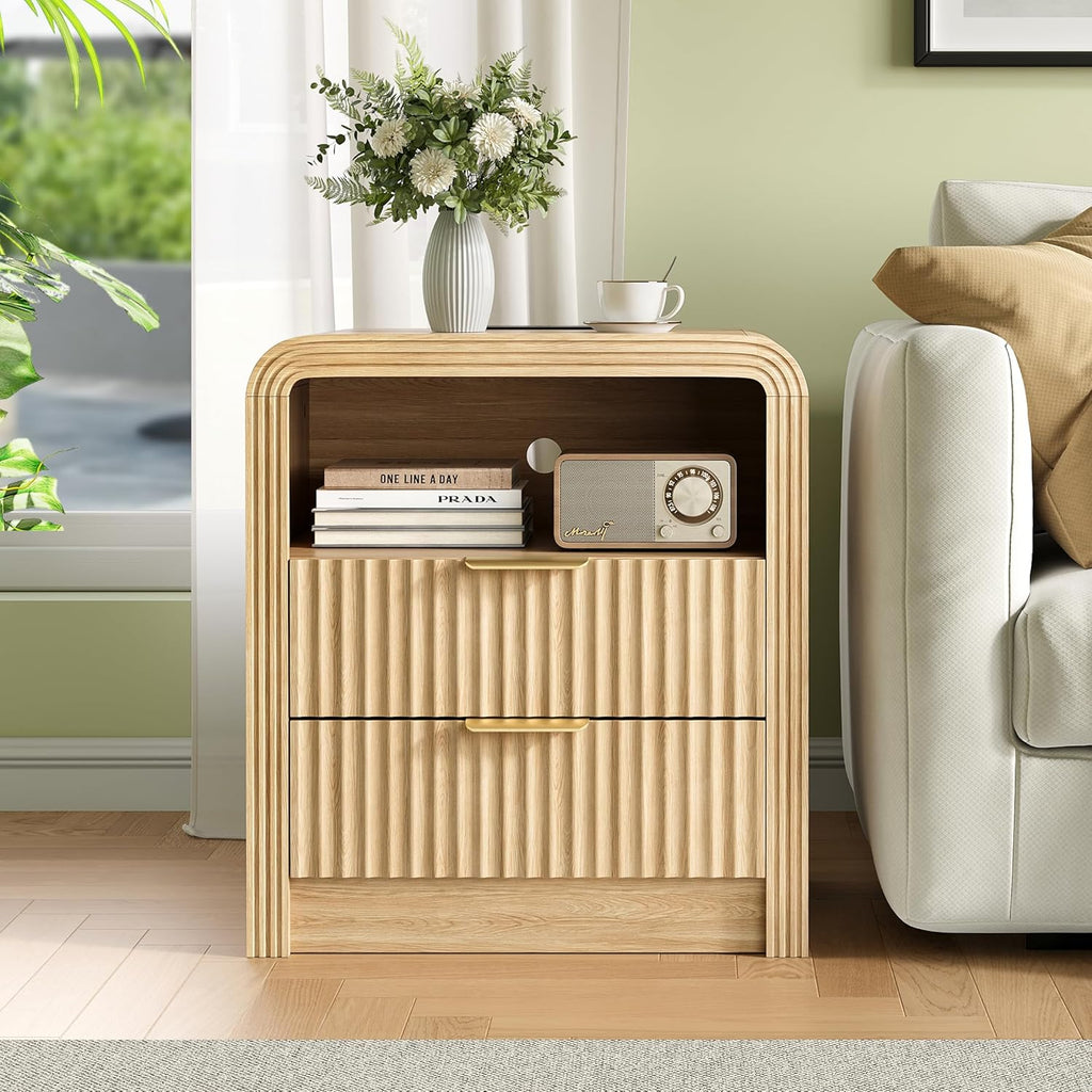 Decofy Fluted Nightstand Set of 2 with Charging Station, 19.7'' Wide Morden End Table with USB/Type-C Ports, 2 Drawers & Open Shelf, Curved Profile Design, Wood Bedside Table for Bedroom (Oak)