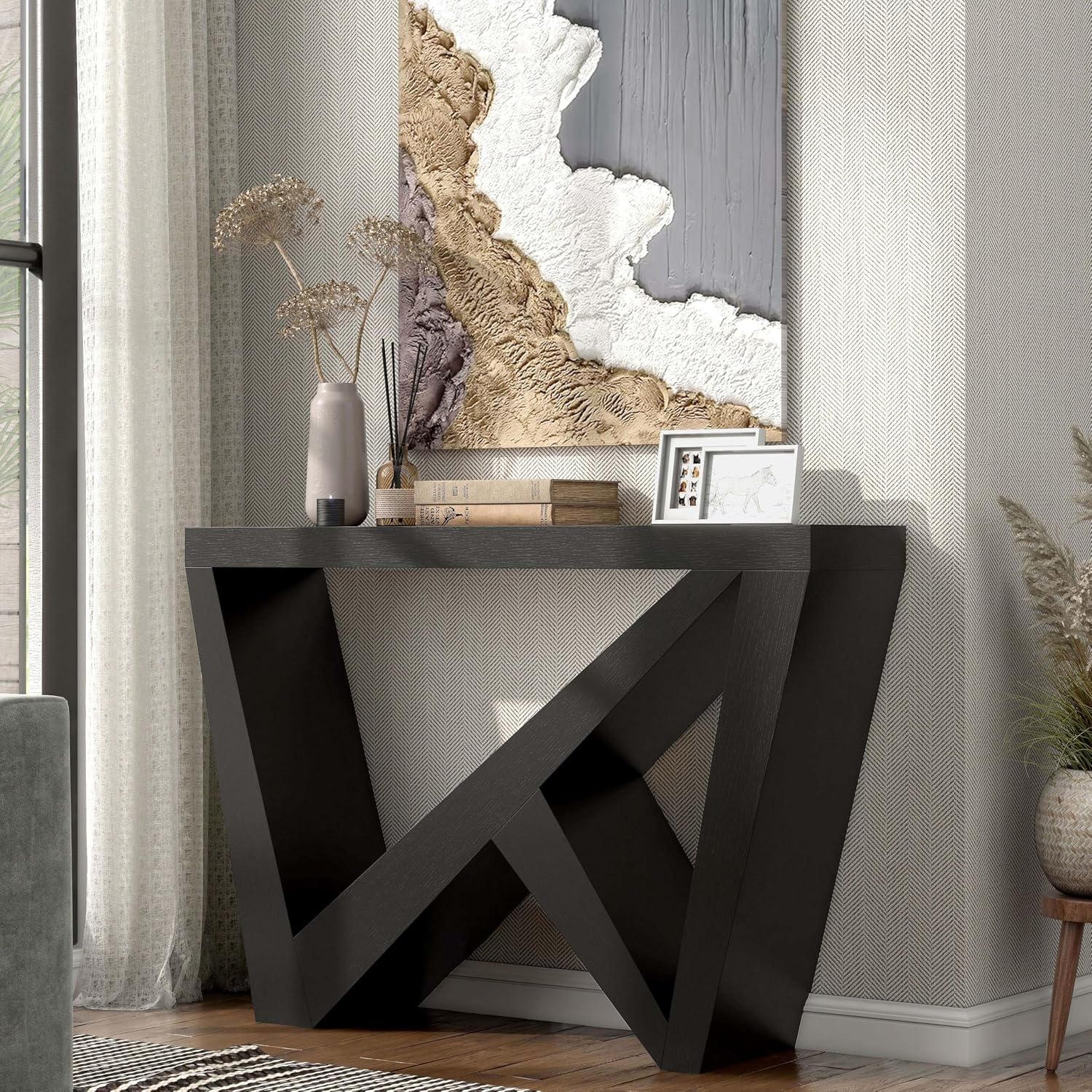 Homes: Inside + Out Naomi Modern Decorative Accent Console Table with W-Shaped Legs, Wood Entryway Furniture for Living Room, Hallway, Entrance, Small Spaces, Black