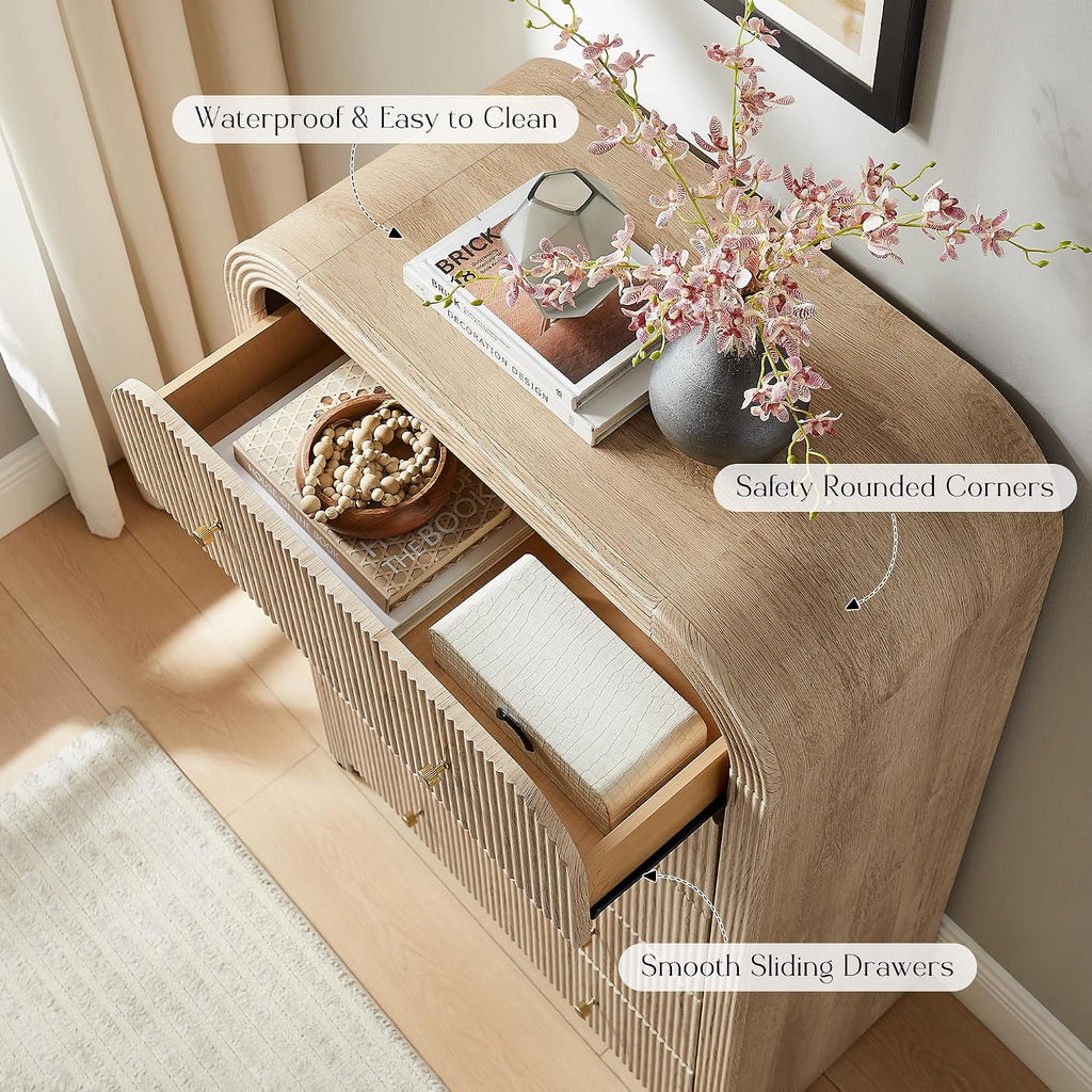 T4TREAM Fluted 5 Drawers Dresser, 48' Tall Modern Chest of Drawers with Thickened Curved Profile Design, Wood Closet Clothes Storage Organizer for Bedroom, Living Room, Hallway, Natural Oak