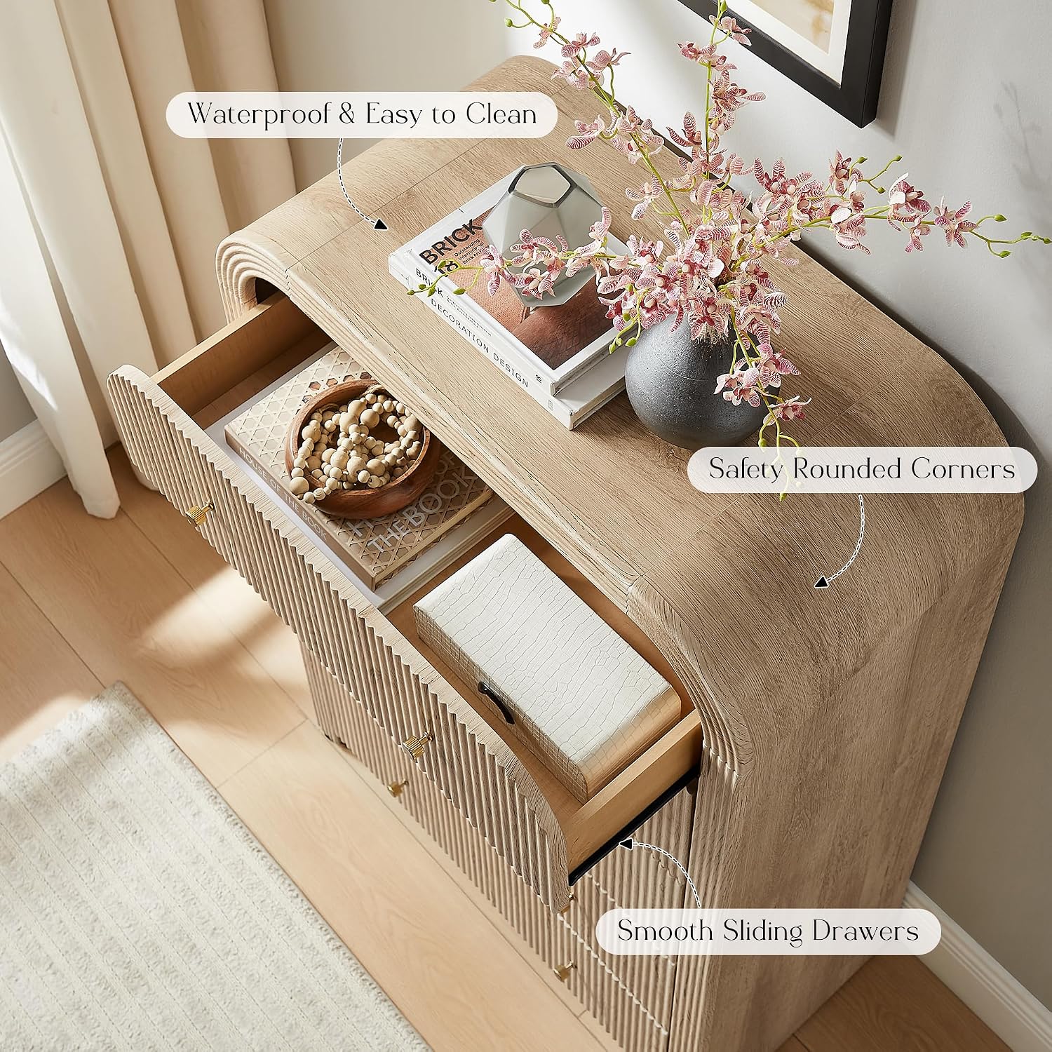 T4TREAM Fluted 5 Drawers Dresser, 48' Tall Modern Chest of Drawers with Thickened Curved Profile Design, Wood Closet Clothes Storage Organizer for Bedroom, Living Room, Hallway, Natural Oak