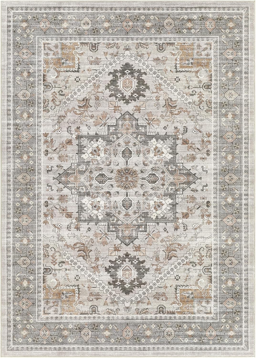 10x12 Vintage Area Rug: Washable Neutral Soft Non Slip Thin Large Floor Carpet for Living Room Bedroom Kitchen Dining Room Home Office Farmhouse Indoor - Taupe