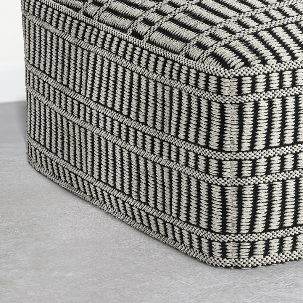 SIMPLIHOME Safford Square Pouf - 20 inch Wide Upholstered PET Polyester Ottoman in Cream White and Deep Black, Boho Indoor/Outdoor Footstool or Extra Seating for Living Room or Patio, Assembled