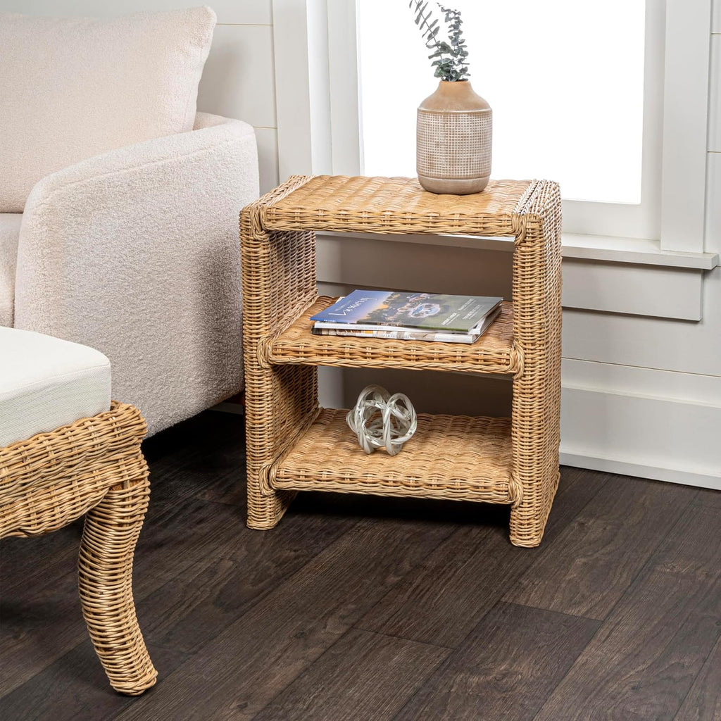 JONATHAN Y Praerie Woven Rattan and Mango Wood 3-Tier End Table, Bohemian Open Shelf Nightstand and Side Table for Living Room, Bedroom, Natural NST1000A