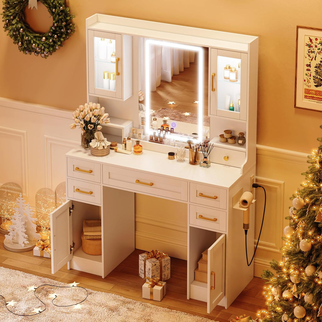 Modern Vanity Desk with Mirror, LED Lights and Power Outlet, Large Makeup Table Set with Drawers & Display Cabinets, White Dressing withfor Bedroom