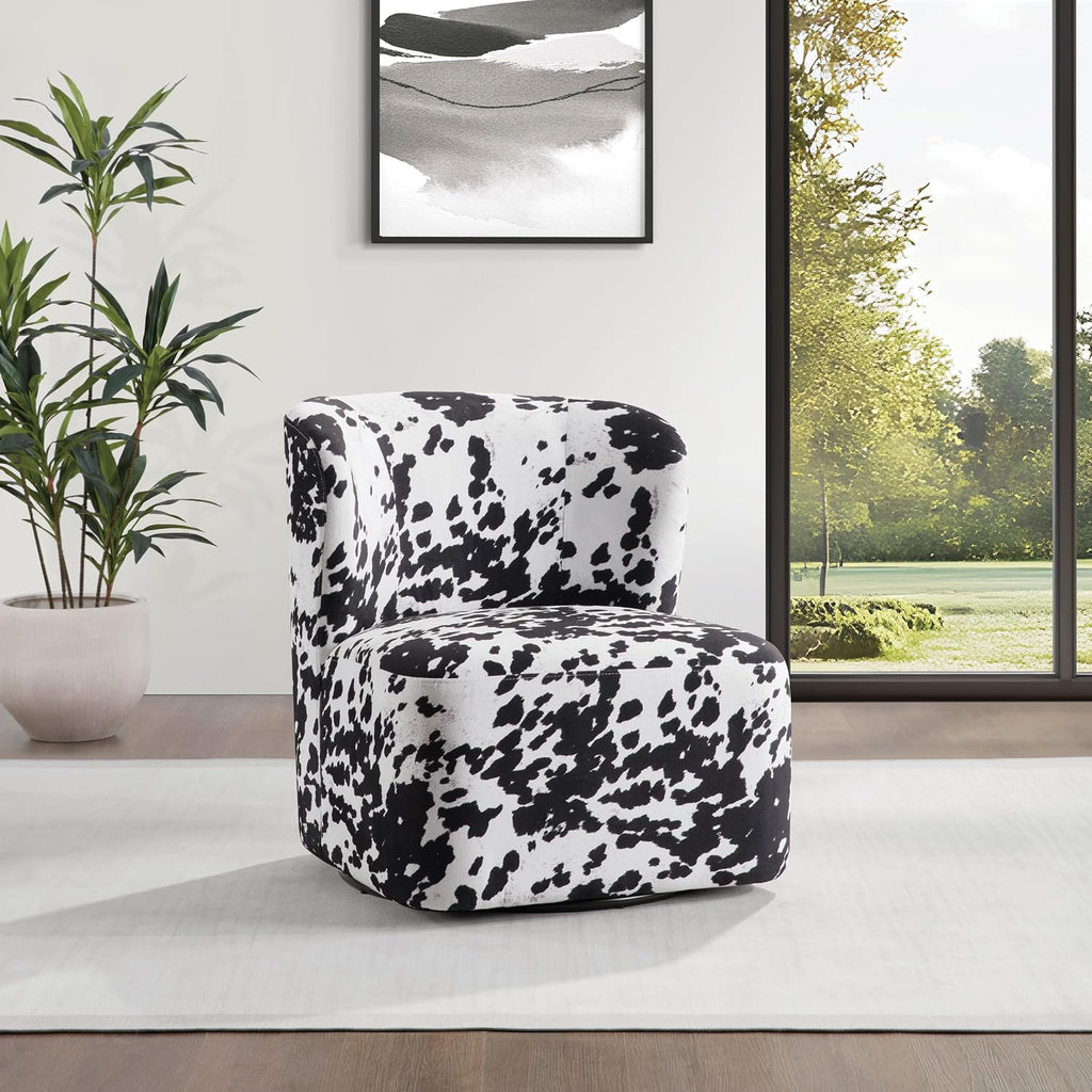 OSP Home Furnishings Lucia Modern Barrel Swivel Accent Chair, Black Cow Print Fabric