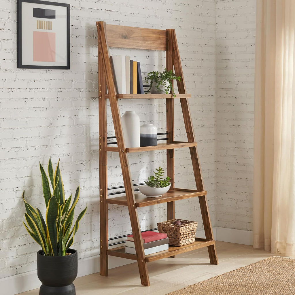 4-Tier Ladder Bookshelf - Freestanding Bookcase with Bar Back Frame - Shelves for Living Room, Kitchen, Bedroom, and Office by Lavish Home (Walnut)