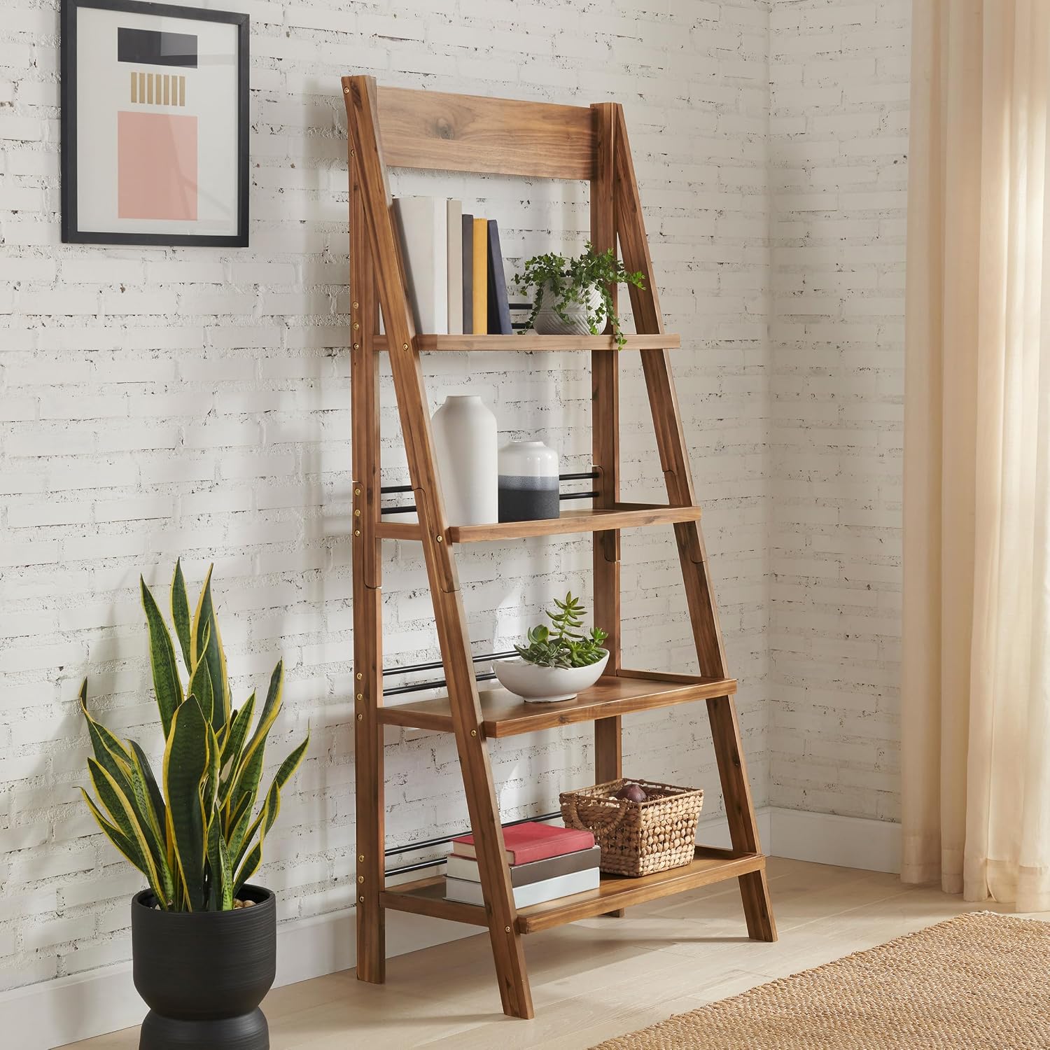 4-Tier Ladder Bookshelf - Freestanding Bookcase with Bar Back Frame - Shelves for Living Room, Kitchen, Bedroom, and Office by Lavish Home (Walnut)