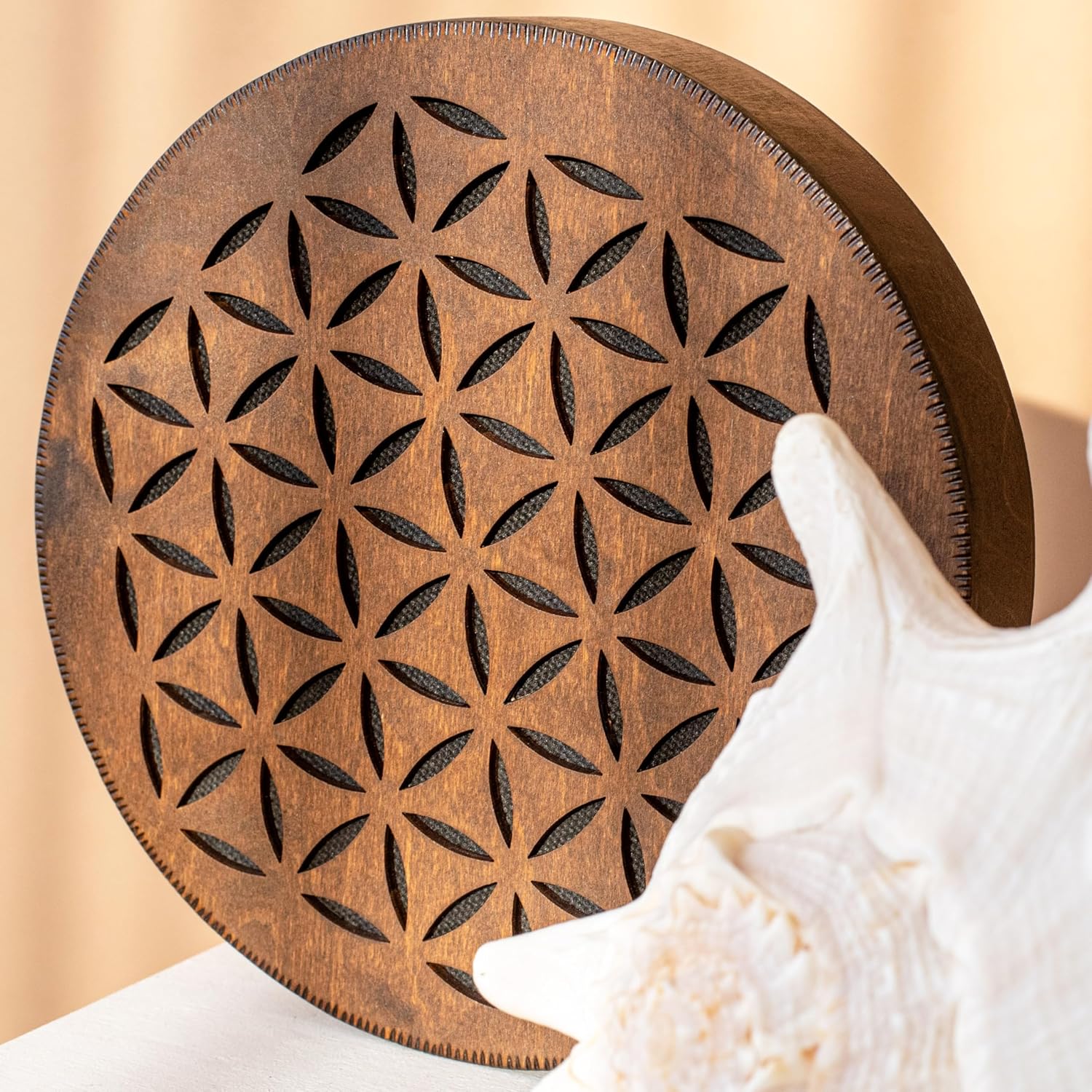 Rain-Fall Disc, 8.6 Inch (22 cm) Wooden Ocean Drum, Gentle Rain Sound for Sound Bath, Meditation & Sound Healing, Flower of Life & AUM Design