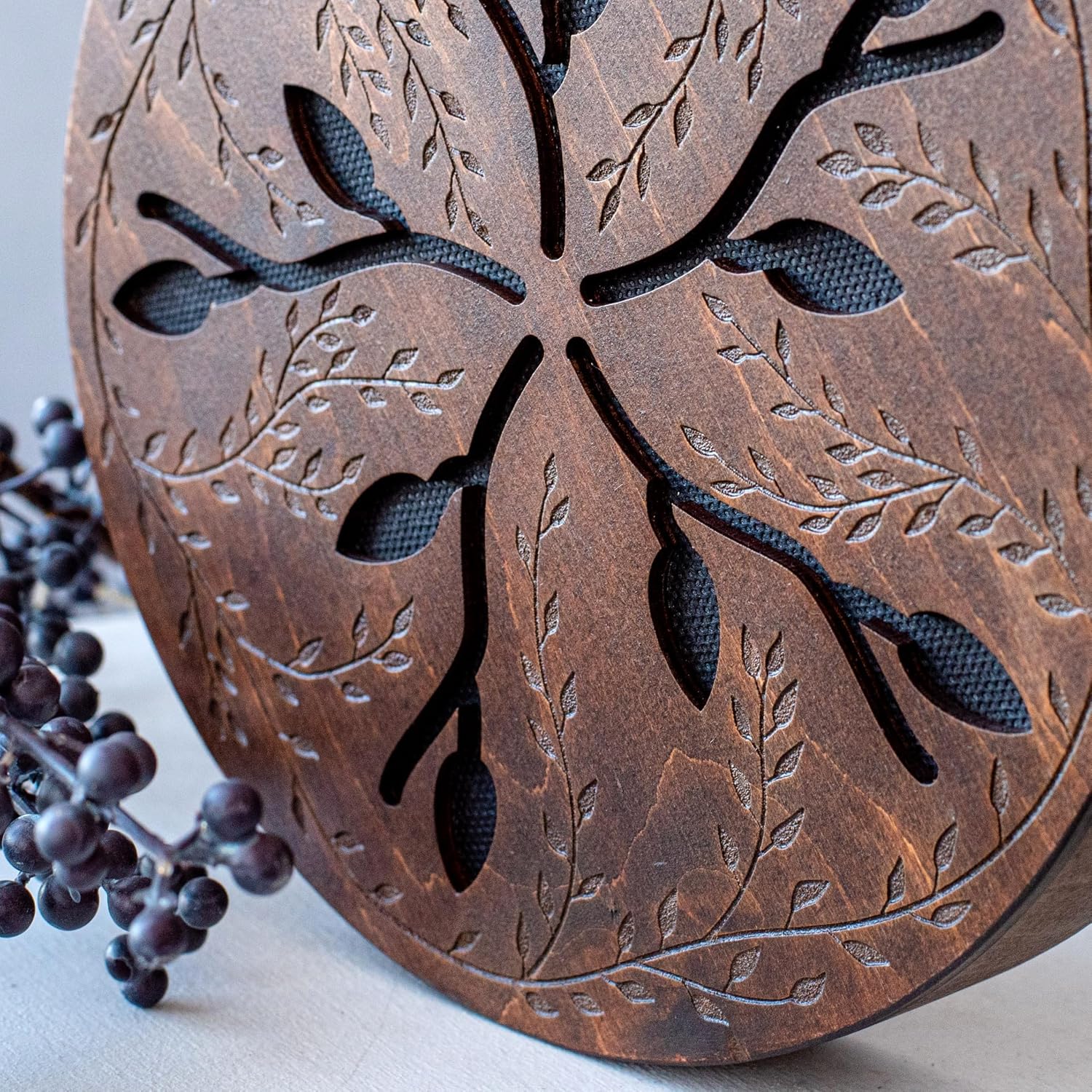 Rain-Fall Disc, 8.6 Inch (22 cm) Wooden Ocean Drum, Gentle Rain Sound for Sound Bath, Meditation & Sound Healing, Leaves & Lotus Design