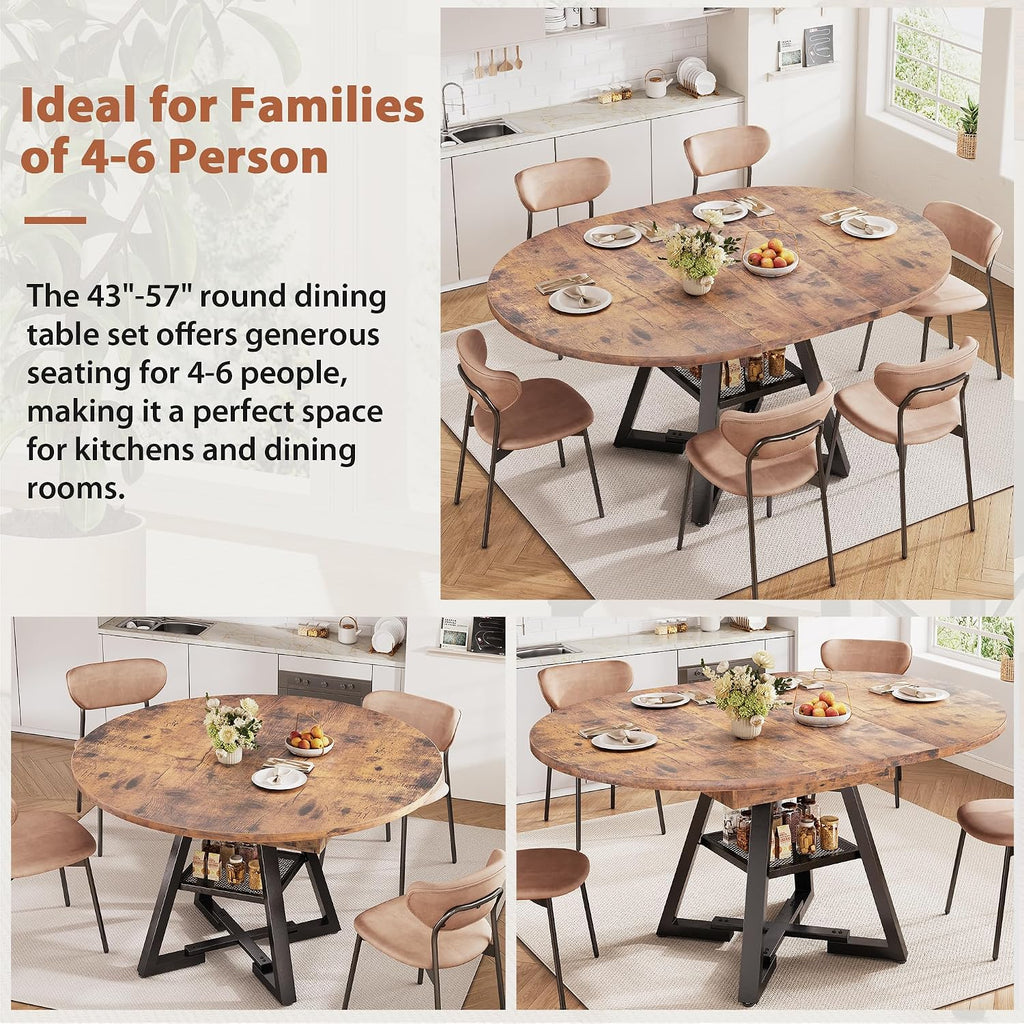 43''-57'' Extendable Round Dining Table for 4-6, Modern Industrial Kitchen Oval Dining Table with Removable Leaves, Space Saving Pedestal Base with Storage Shelf for Kitchen Living Room (Vintage)