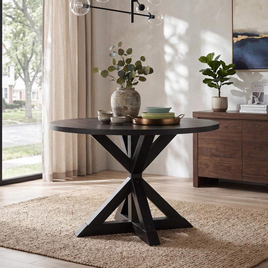 Roundhill Furniture Windvale Cross-Buck Base Dining Table, Black