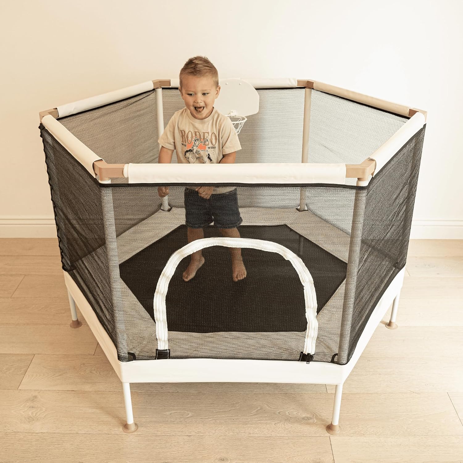Kids Trampoline, Aesthetic Indoor and Outdoor Toddler Trampoline with Safety Net, Basketball Hoop, 220lb Capacity, Ultra Safe No-Gap Design, Gifts for Boys & Girls