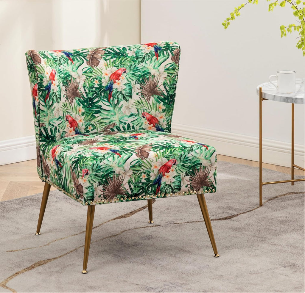 Container Furniture Direct Thia Armless Accent Chair for Living Room, Elegant Seat with Nailhead Trim, Gold Metal Legs and Comfortable Curved Back, 28' D x 25' W x 29.5' H, 06 Floral Print