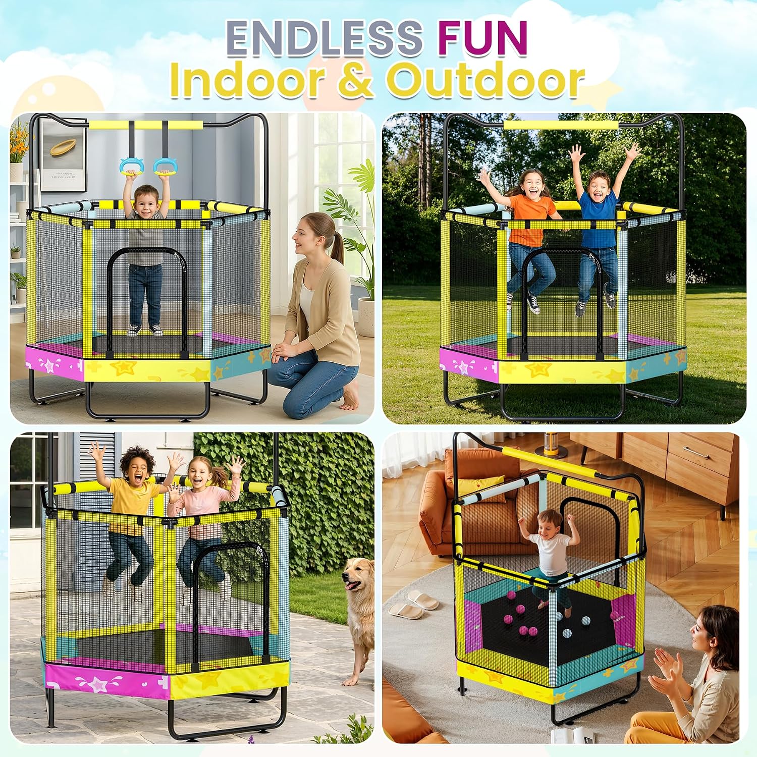 Lamerge Kids Trampoline, Toddler Bouncing Trampoline with Safety Enclosure Net, ASTM-Approved, 500lbs Capacity, Ages 1-8, Adjustable Handrail, 7-in-1, 60'