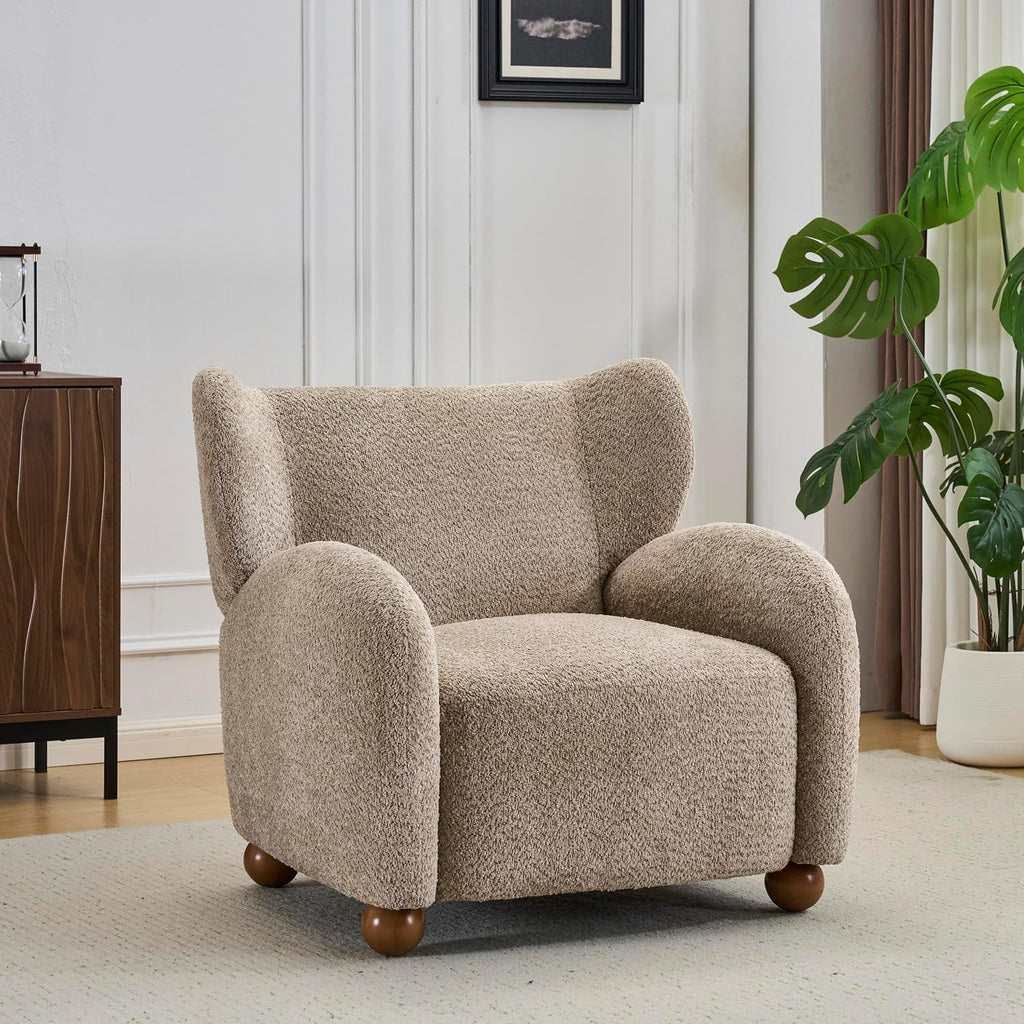 Christopher Knight Home Aiden Boucle Wingback Accent Chair, Fabric Upholstered Club Chair with Wooden Frame, Comfy Reading Chair for Living Room/Bedroom, Light Brown+Walnut Brown