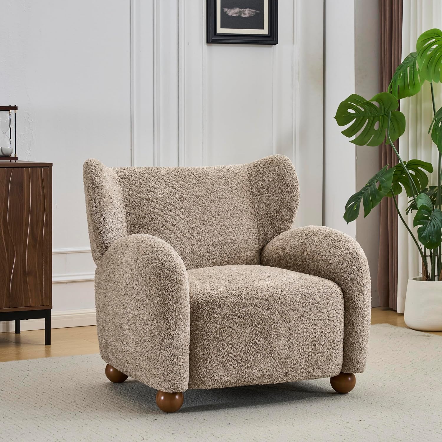 Christopher Knight Home Aiden Boucle Wingback Accent Chair, Fabric Upholstered Club Chair with Wooden Frame, Comfy Reading Chair for Living Room/Bedroom, Light Brown+Walnut Brown