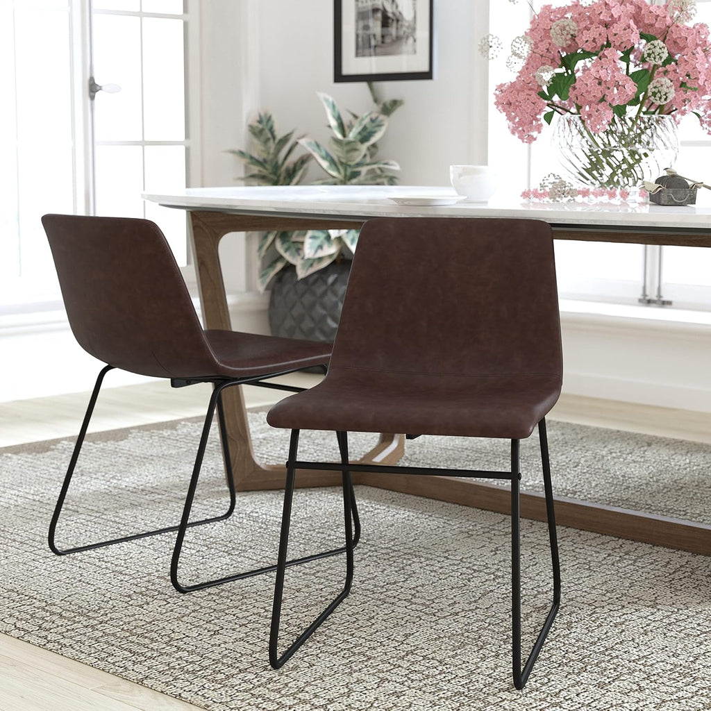 Flash Furniture Butler 18' LeatherSoft Dining Table Height Chairs, Mid-Century Modern Bucket Style Dining Chairs, Set of 2, Dark Brown/Black