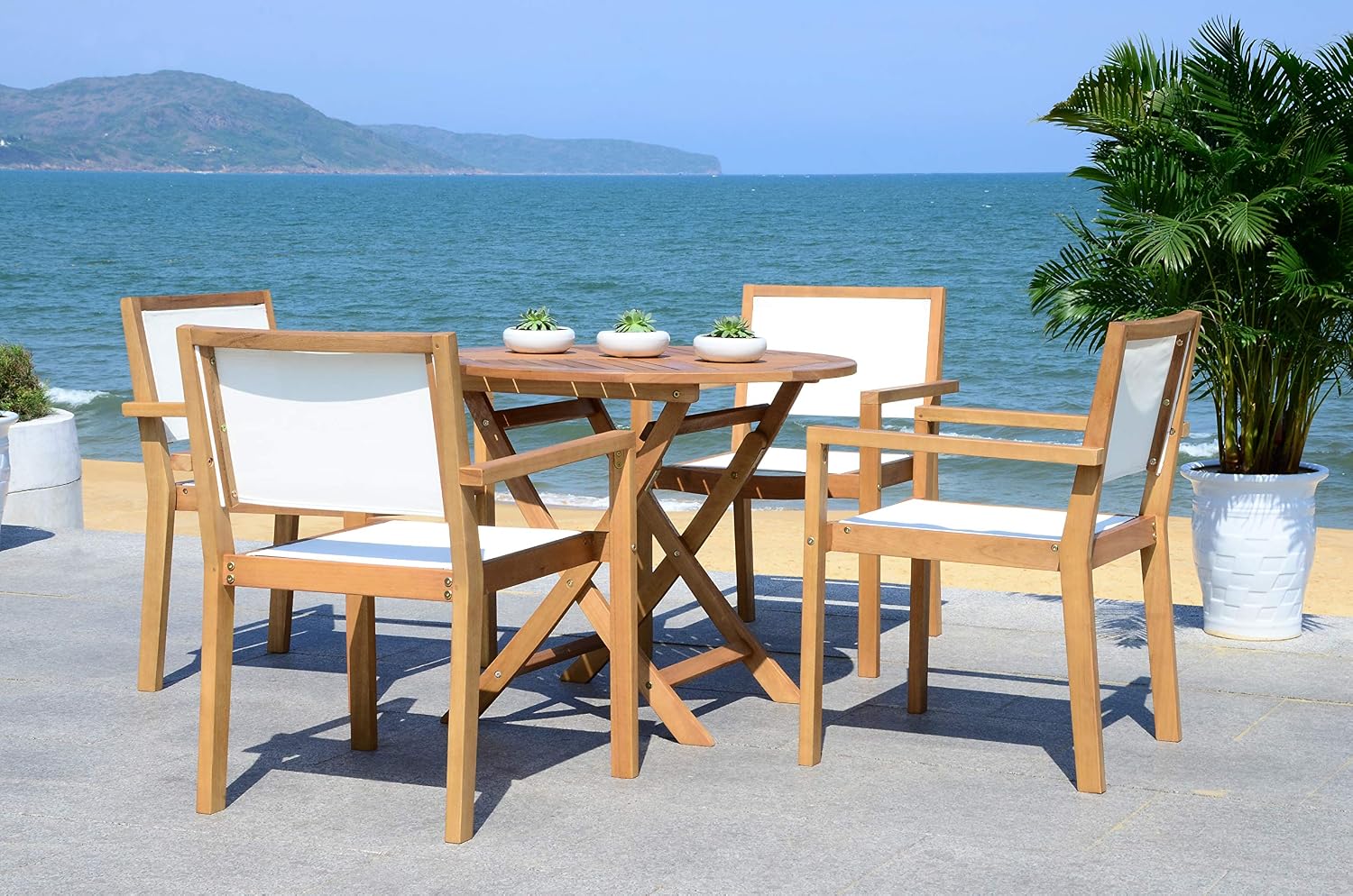 Safavieh Outdoor Collection Chante Teak 35.4' Round Table 5 Piece Dining Set