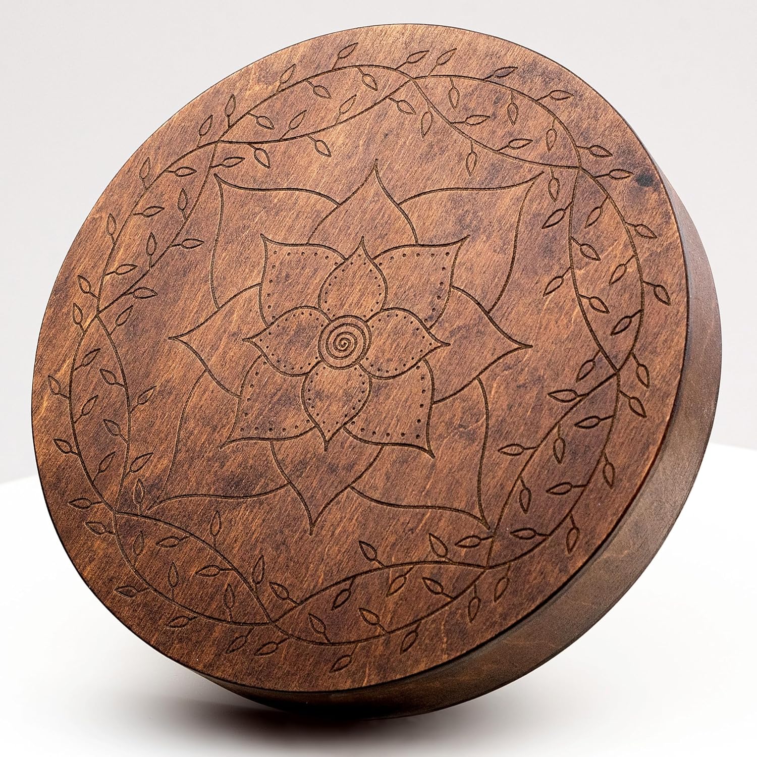 Rain-Fall Disc, 8.6 Inch (22 cm) Wooden Ocean Drum, Gentle Rain Sound for Sound Bath, Meditation & Sound Healing, Leaves & Lotus Design