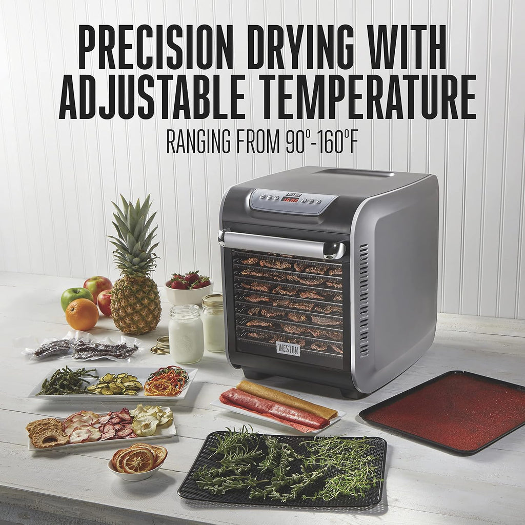 Weston Food Dehydrator Machine for Jerky, Fruit, Meat, Herbs, Vegetables, with Precision Digital Temperature Control (90-160F), 10 Stackable Trays (10.3 sq. ft.), Gray (75-1001-W)