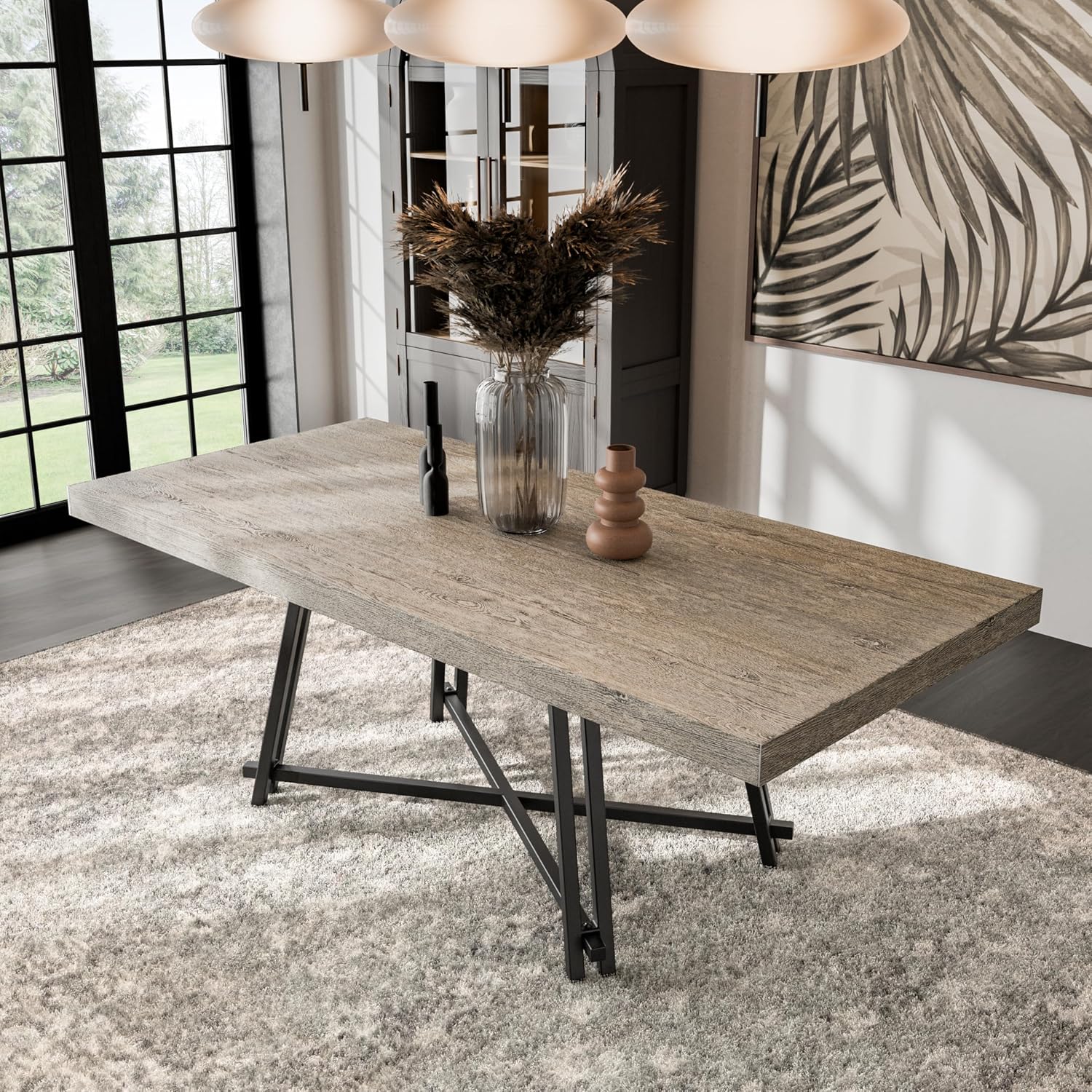 Furniture of America Lestara Modern Solid Wood 84-inch Rectangle Dining Table with Trestle Base, Seats up to 6, Easy Assembly, for Home, Kitchen, Living Room, Black