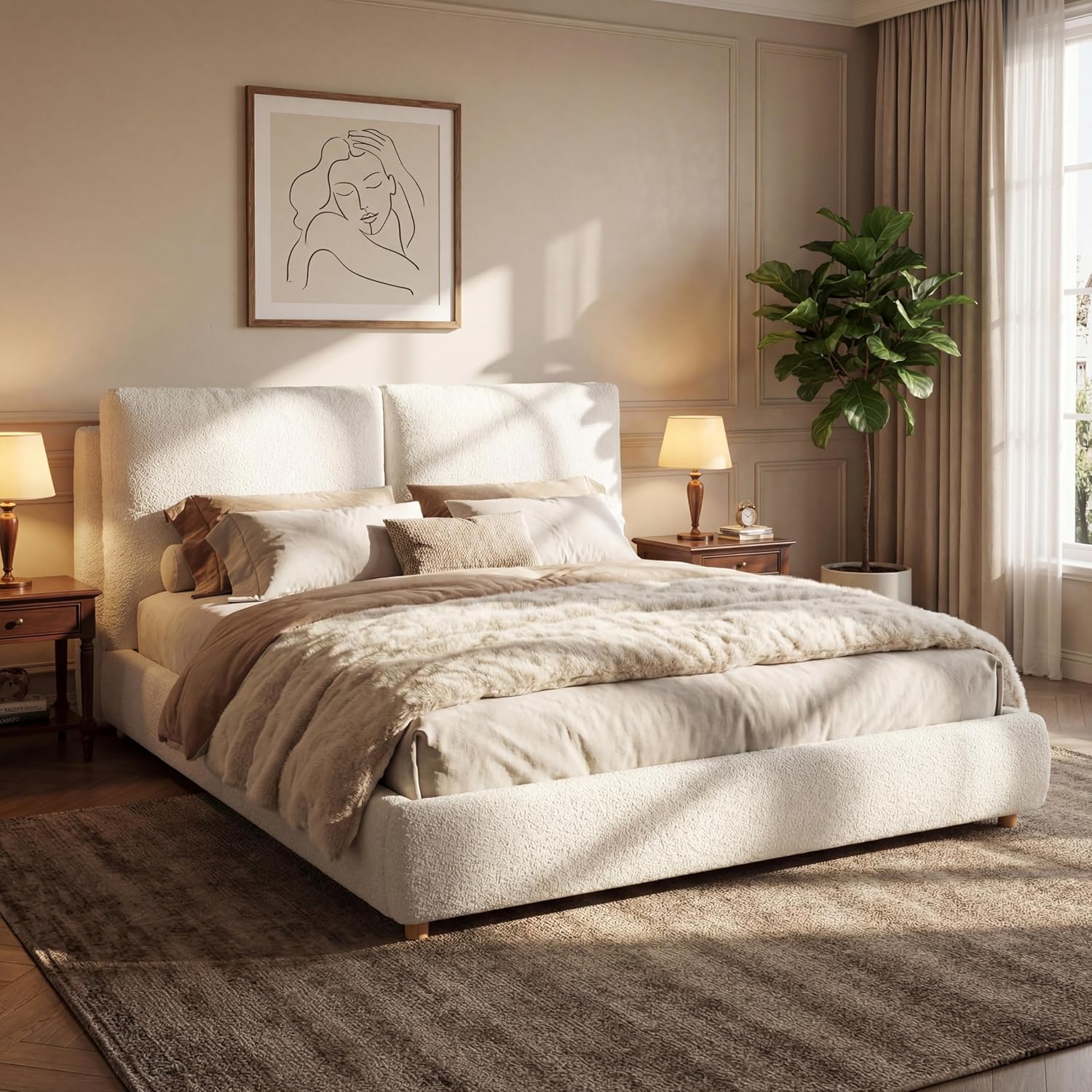 Christopher Knight Home Hazil Boucle California King Size Bed Frame with Headboard, Modern California King Bed Frame and Headboard, Wooden Slat Support, No Box Spring Needed, Easy Assembly, White