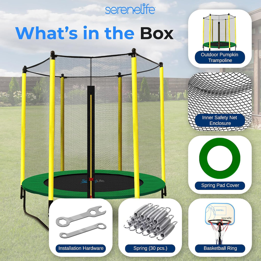 SereneLife 5FT Outdoor & Indoor Trampoline for Kids – Durable Mini Toddler Trampoline with Net Enclosure & Basketball Hoop - Supports 176 lbs, 60'x76'