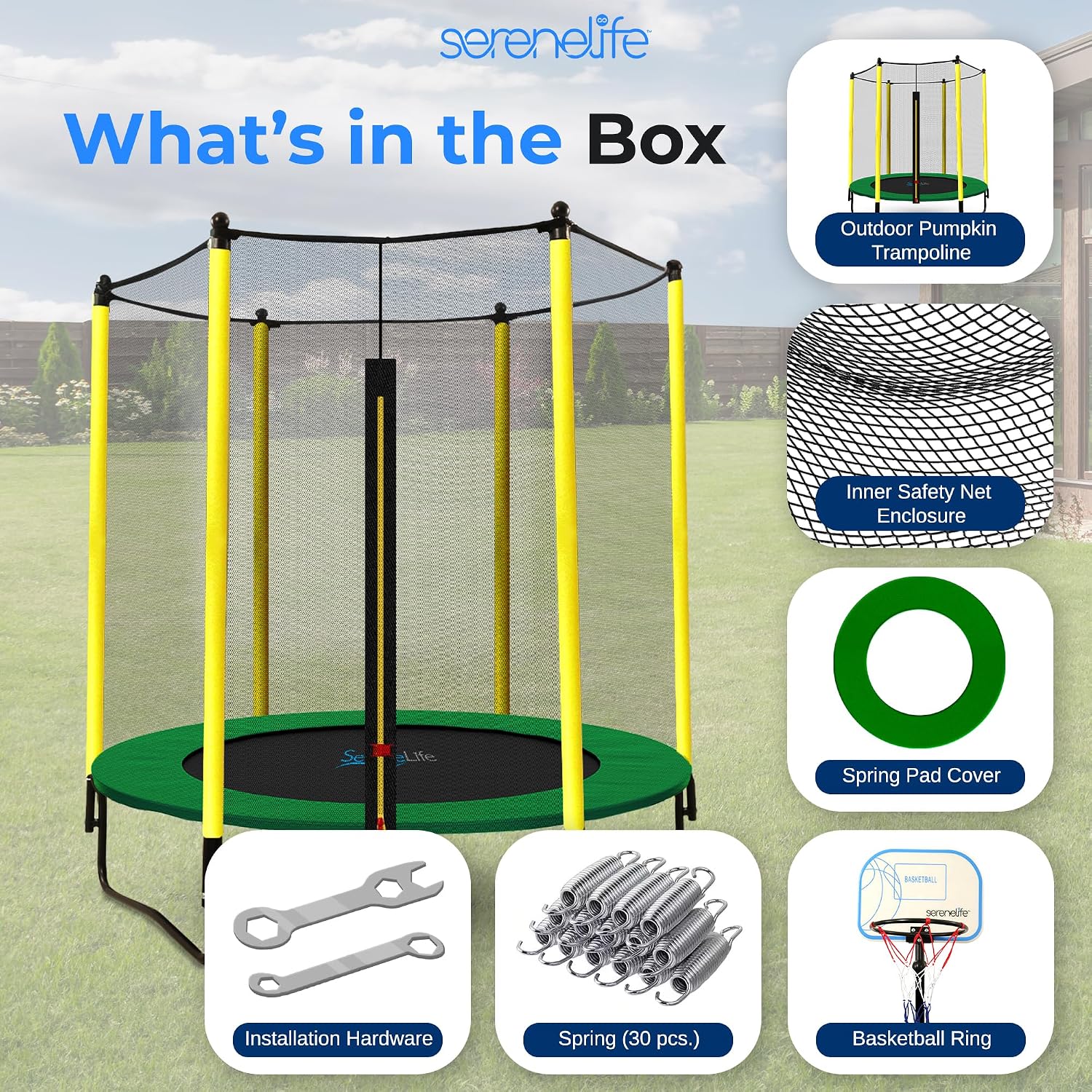 SereneLife 5FT Outdoor & Indoor Trampoline for Kids – Durable Mini Toddler Trampoline with Net Enclosure & Basketball Hoop - Supports 176 lbs, 60'x76'