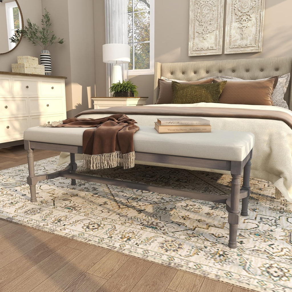 Deco 79 Wood Home Bench Entryway Bench with Burlap Seat, Bedroom Bench 47' x 16' x 18', Gray